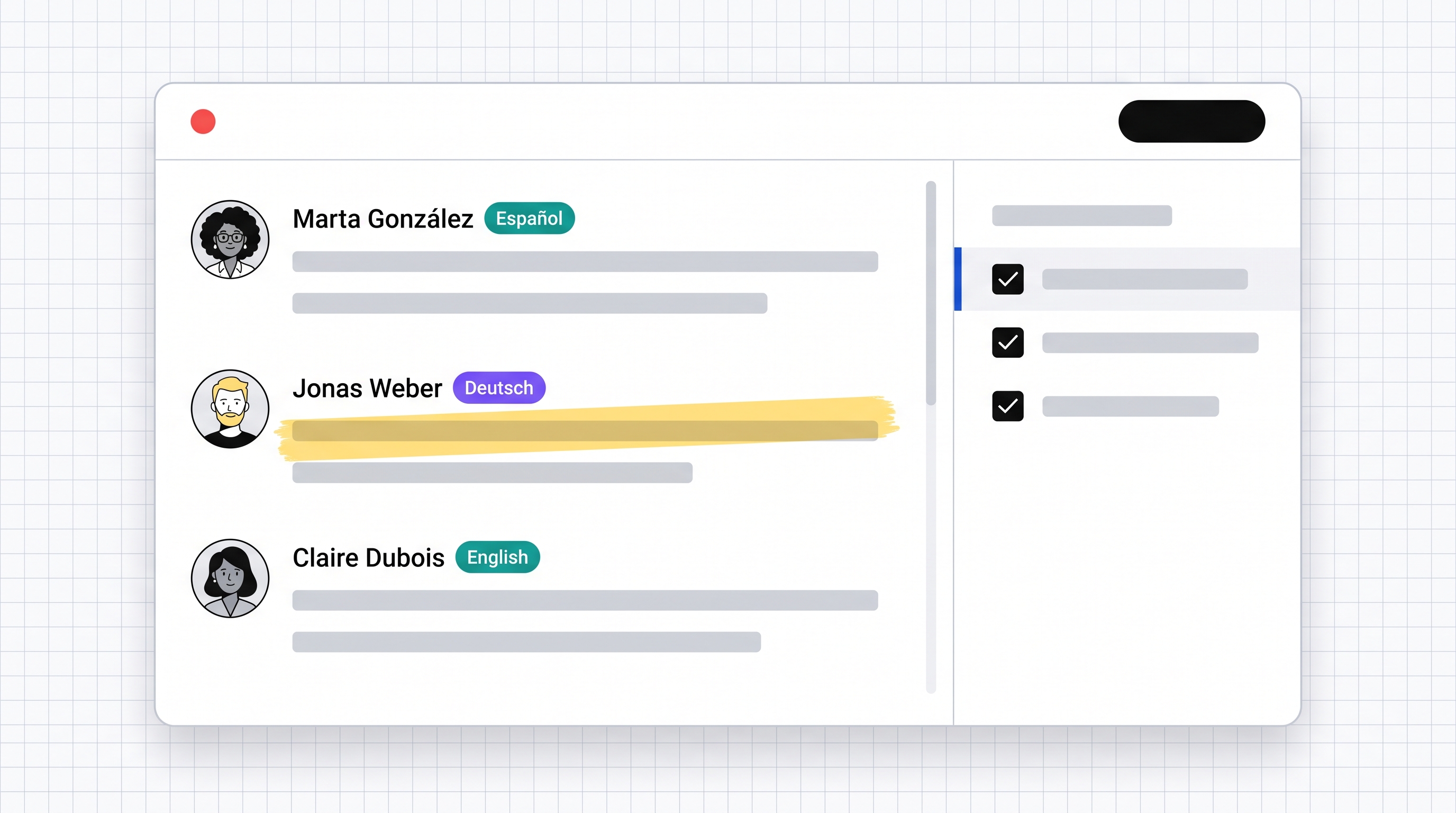 HappyScribe transcript editor with speakers in Spanish, German, and English