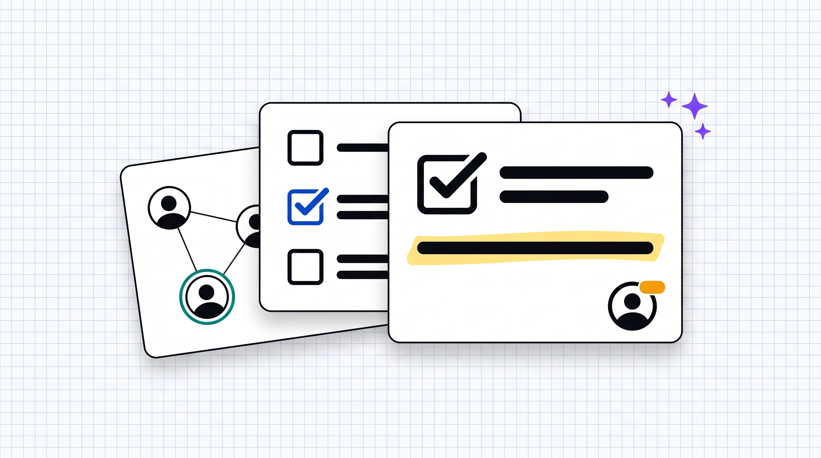 Decision, checklist, and people graph cards extracted from meetings