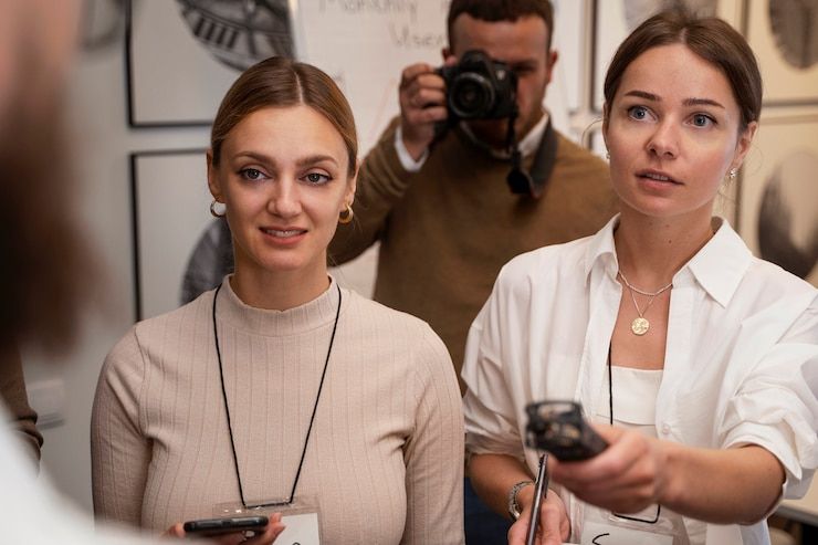 Des femmes transcrivent automatiquement la voix du locuteur lors d'un événement