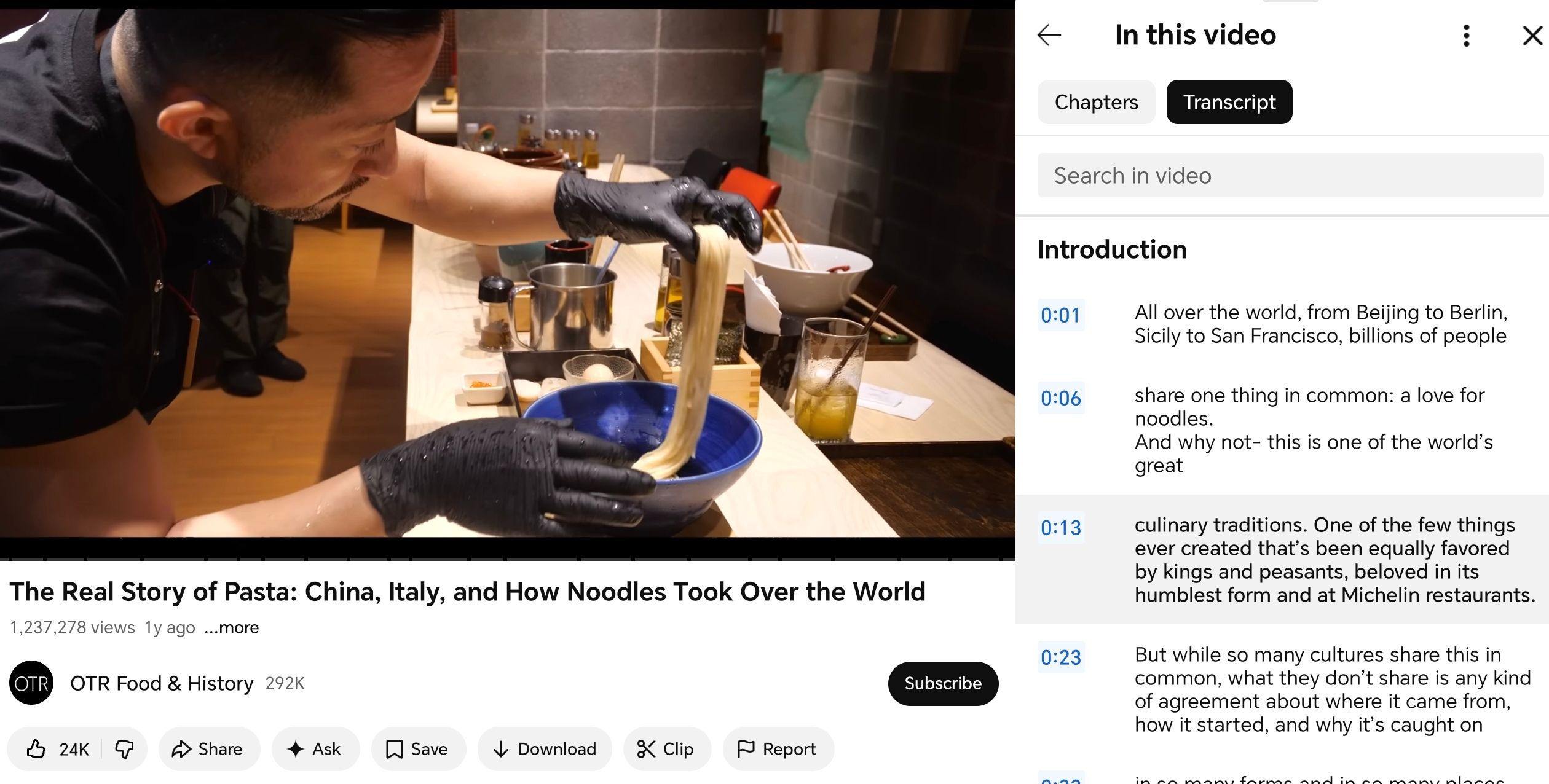 An image showing YouTube's built-in transcript generator
