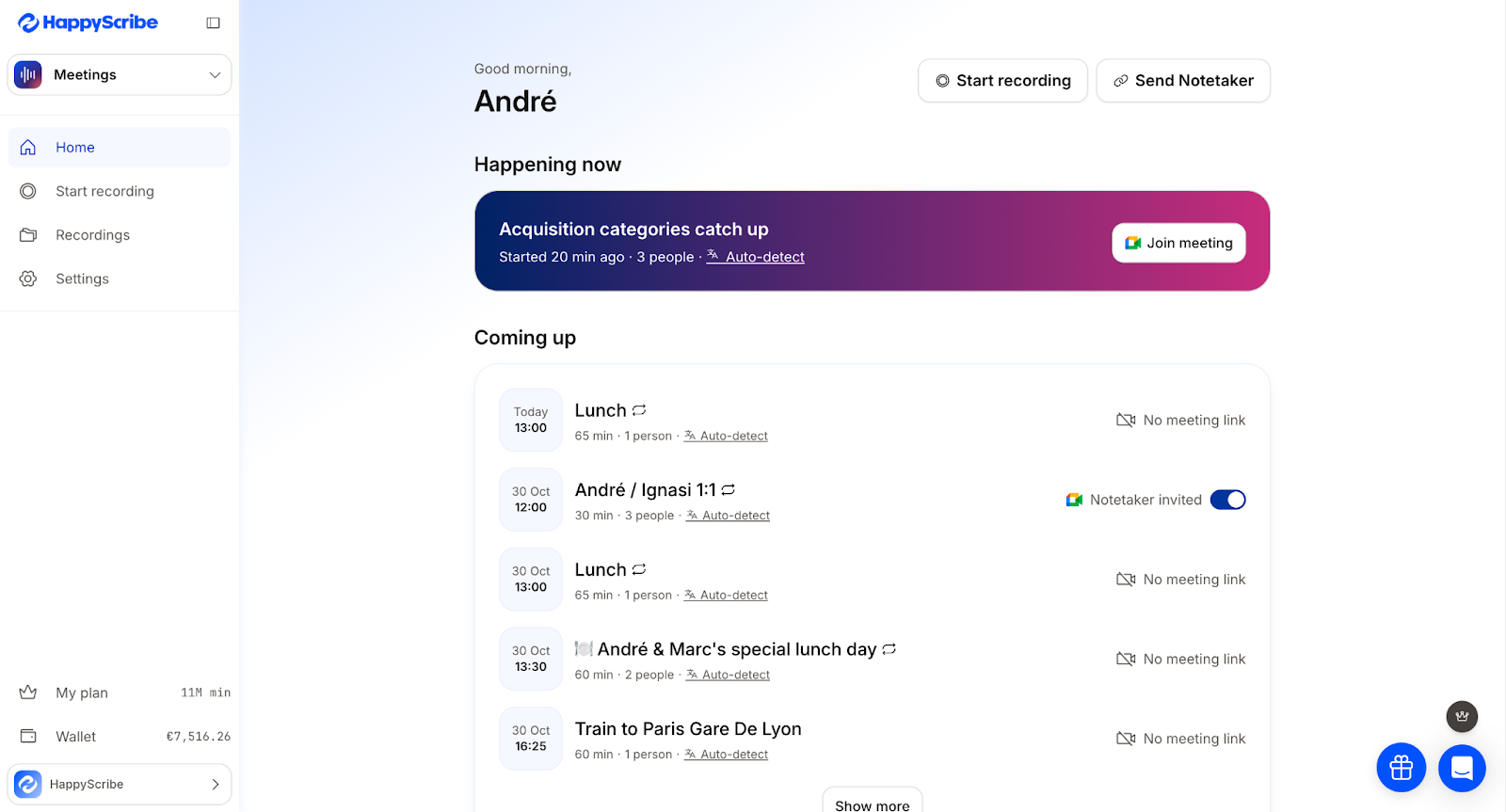An image showing HappyScribe’s dashboard with a schedule of upcoming meetings