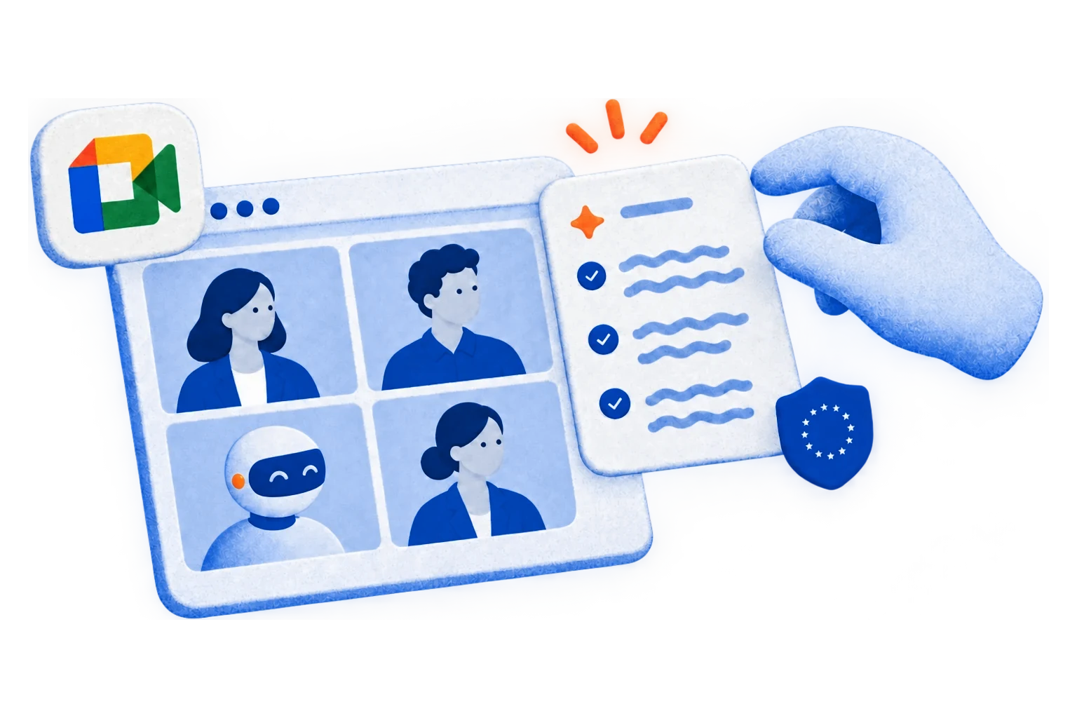 세 사람과 AI 회의록이 참여한 Google Meet 통화, 체크리스트 형태의 메모와 EU 방패