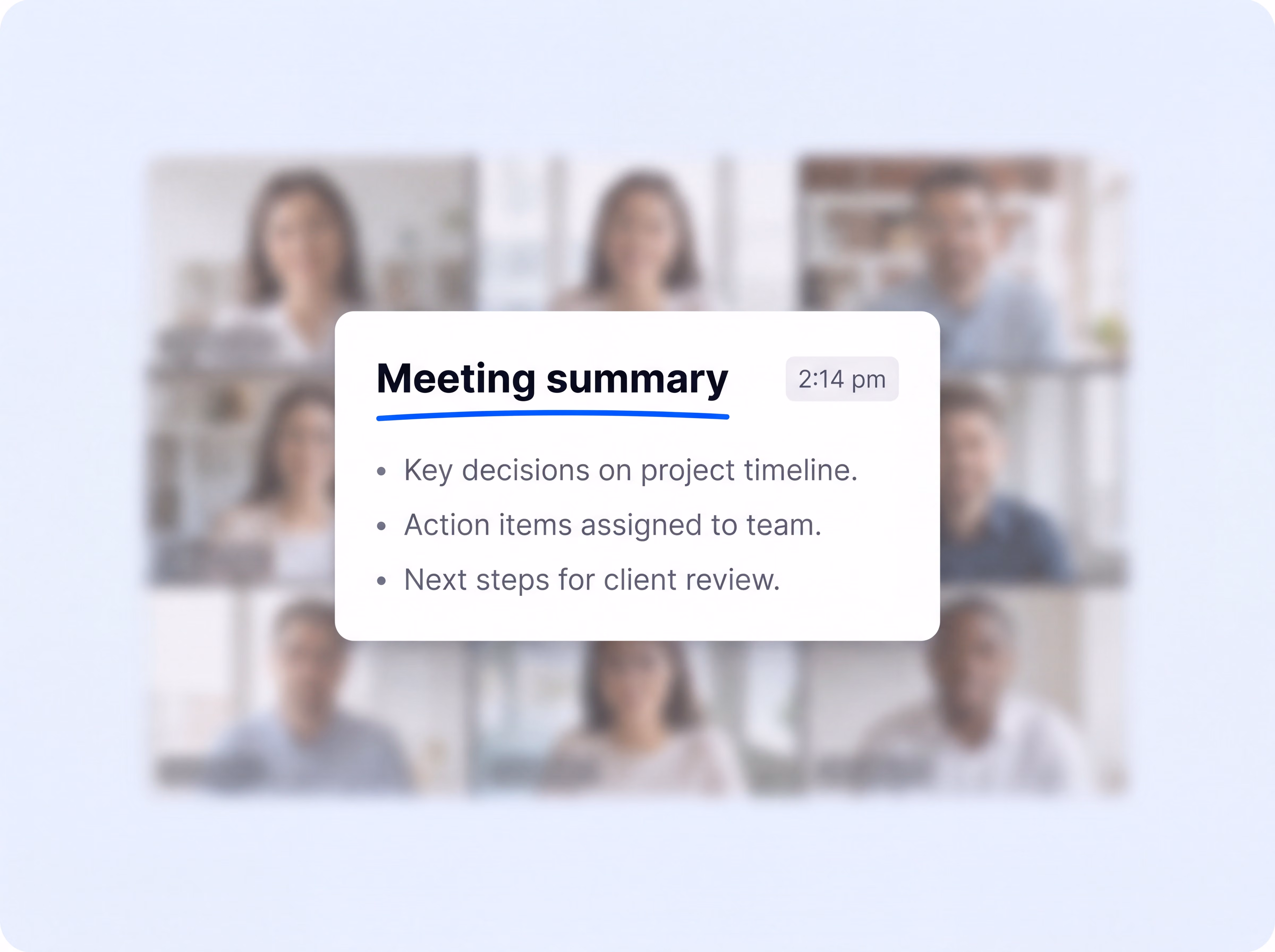 Structured meeting summary card over a client call in HappyScribe