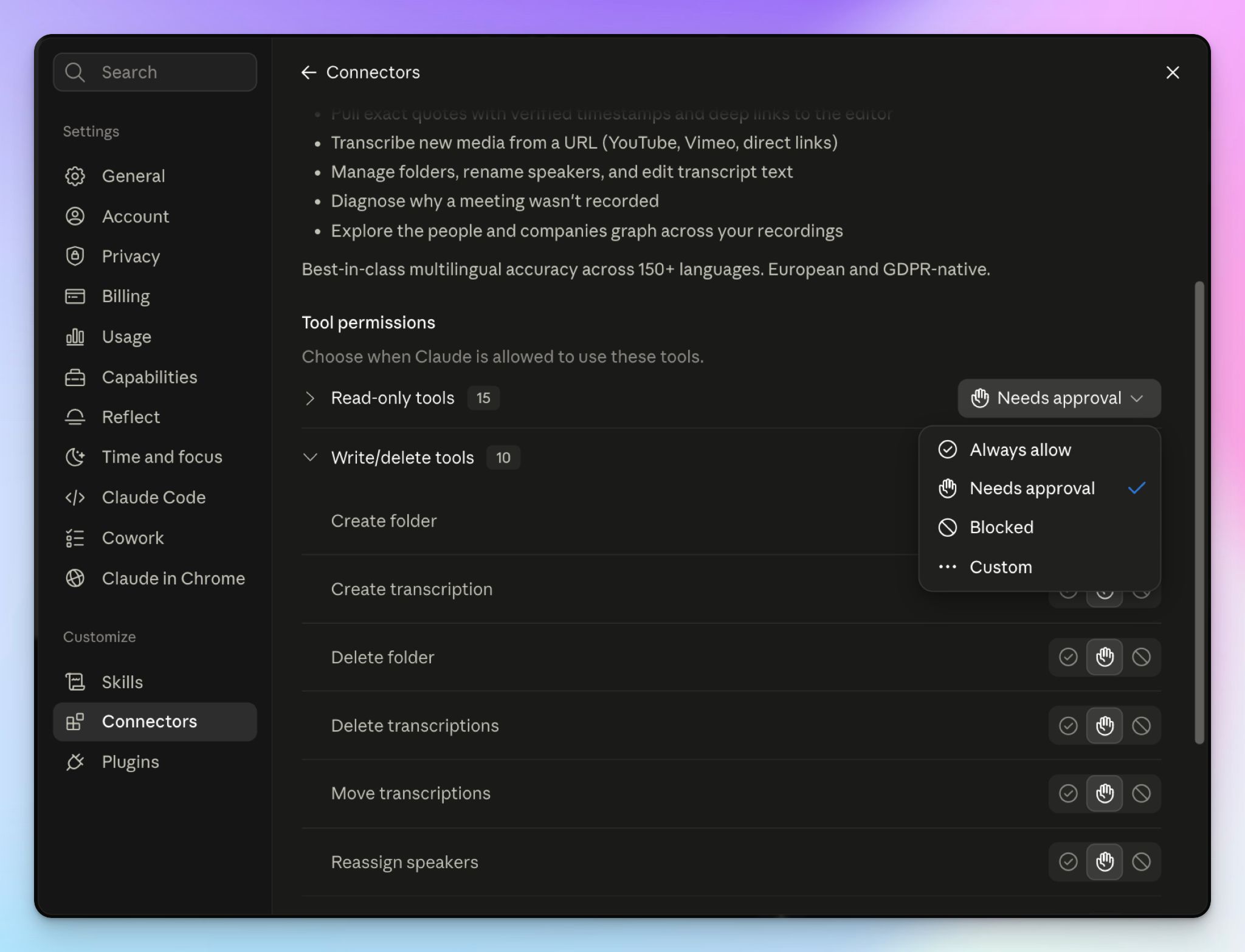 Manage permissions of Claude connector tools