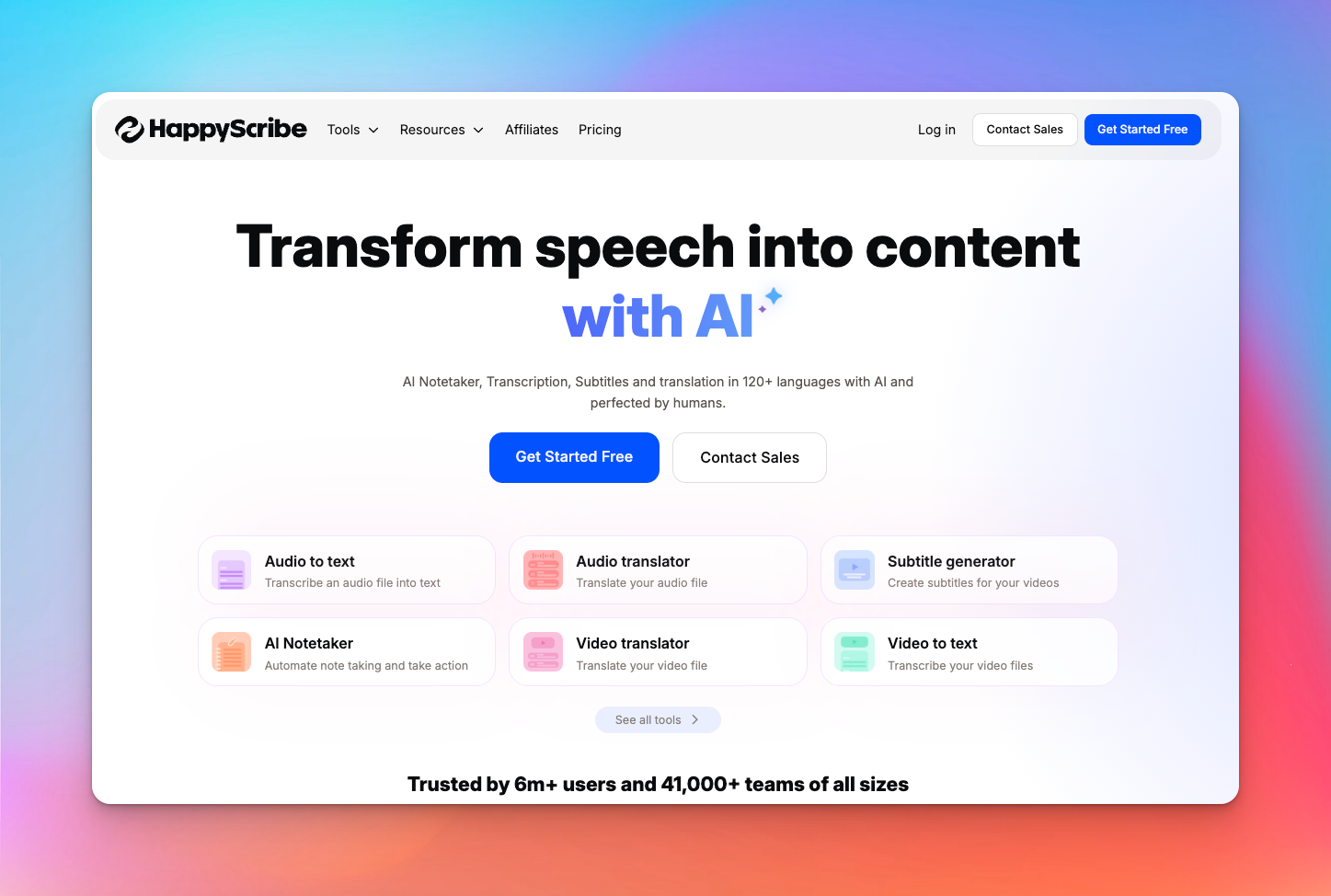 An image showing HappyScribe’s homepage.