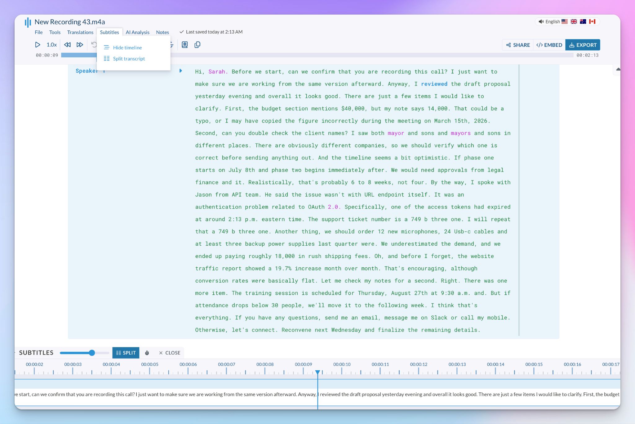 Sonix subtitle editor