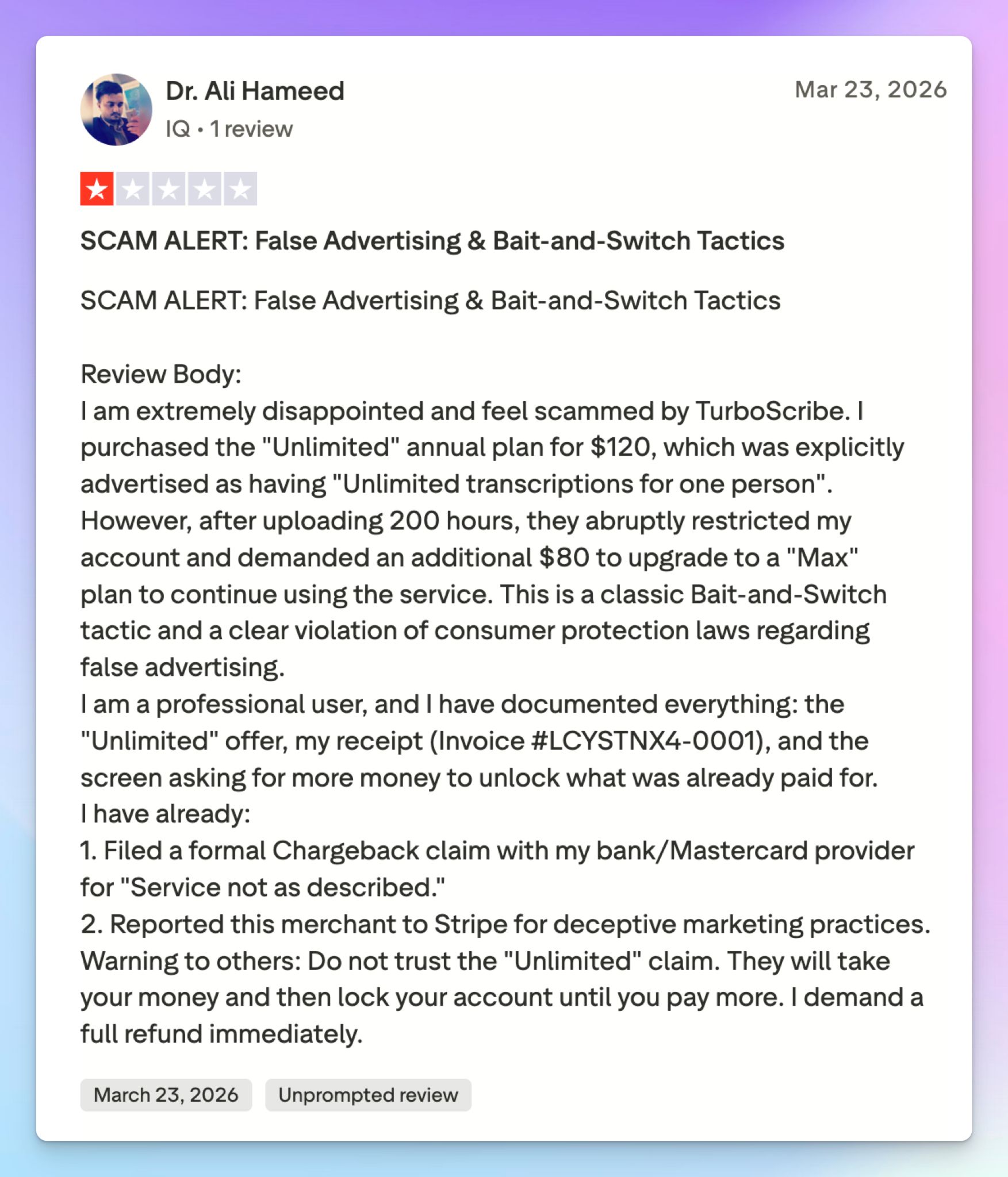TurboScribe's "Unlimited" plan is not unlimited