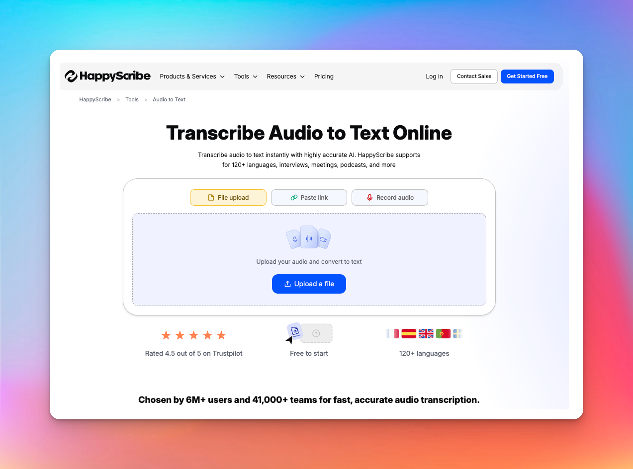 happyscribe audio to text screenshot