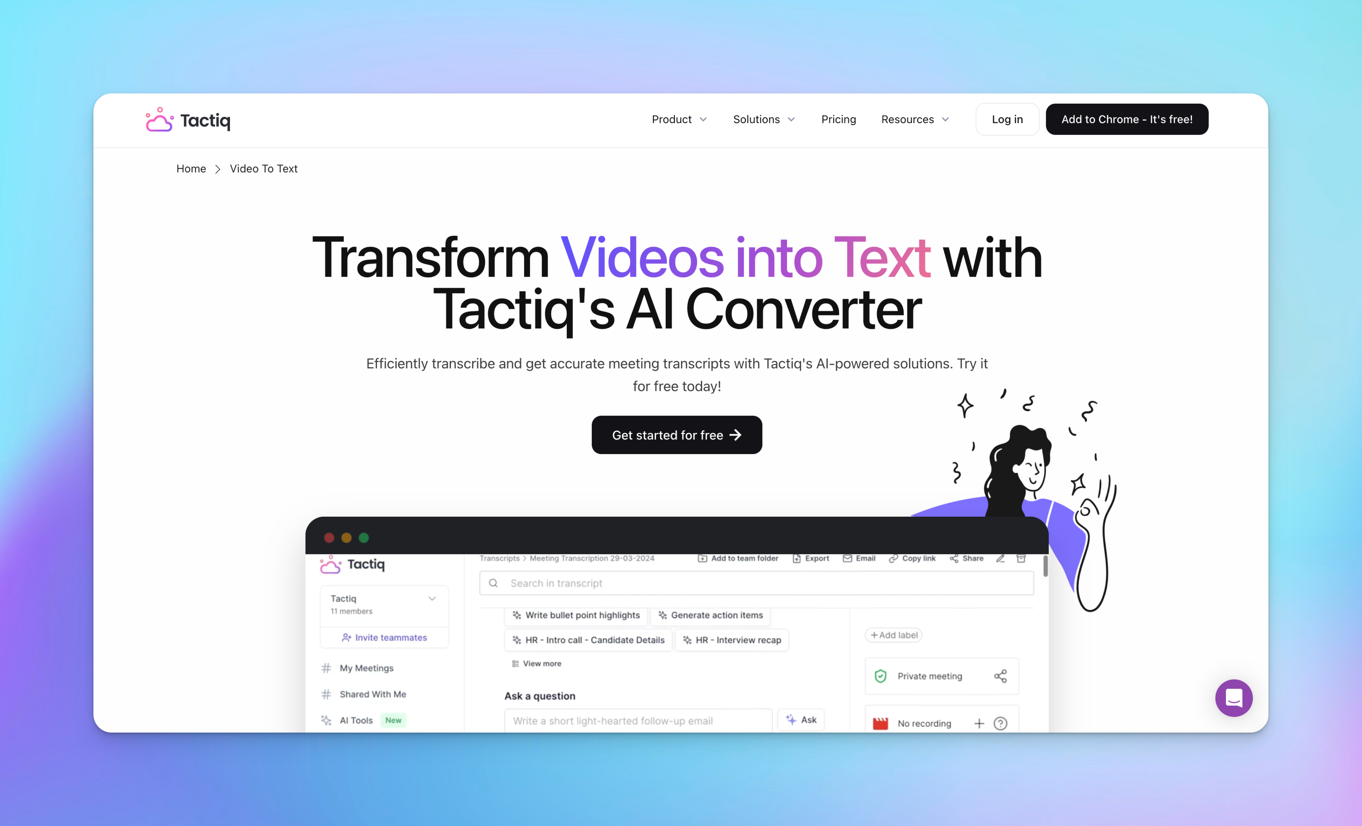 capture d'écran de la page d'accueil de Tactiq : transcription vidéo vers texte