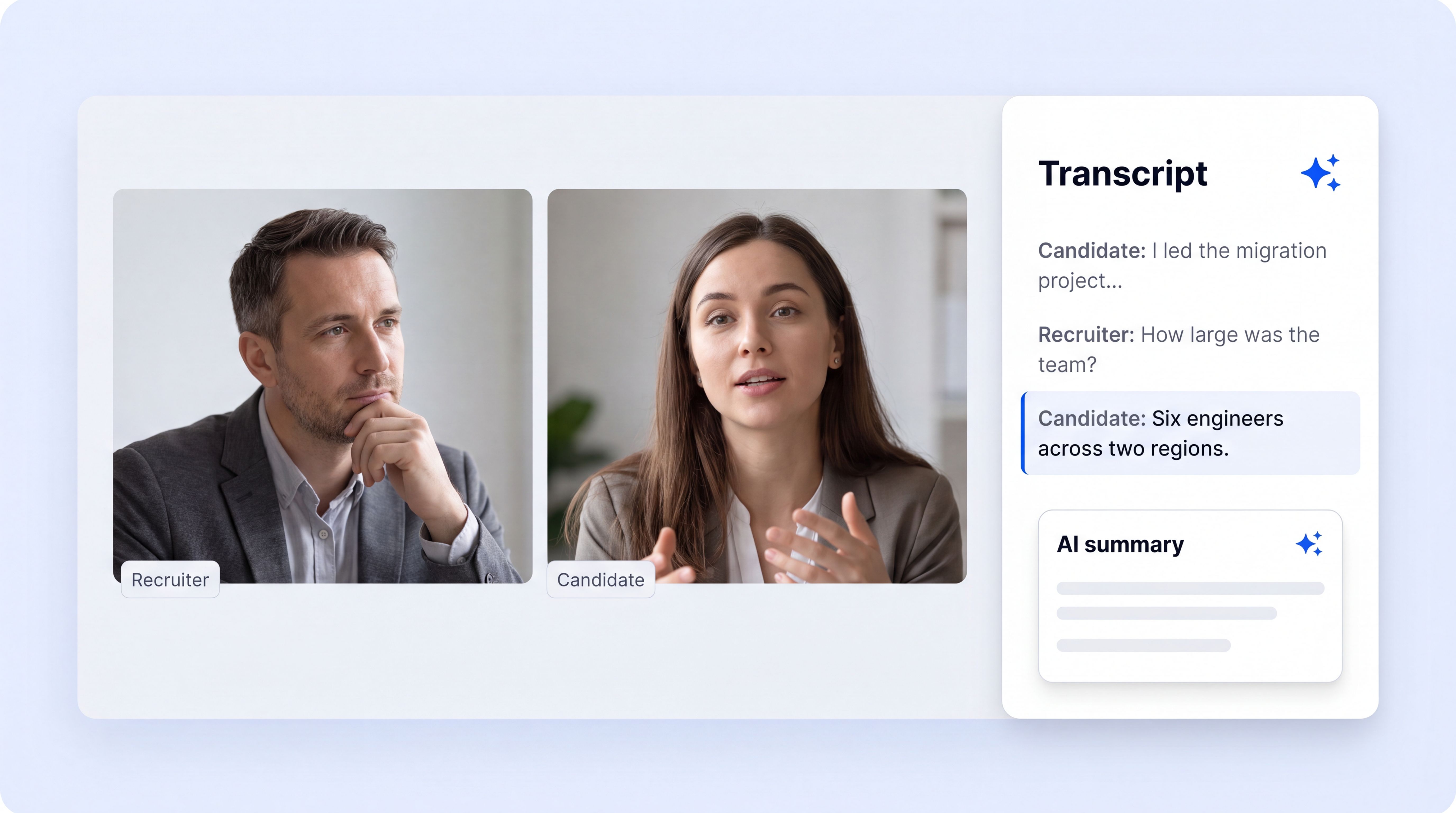Live candidate interview on a video call with HappyScribe capturing the transcript and AI summary in real time