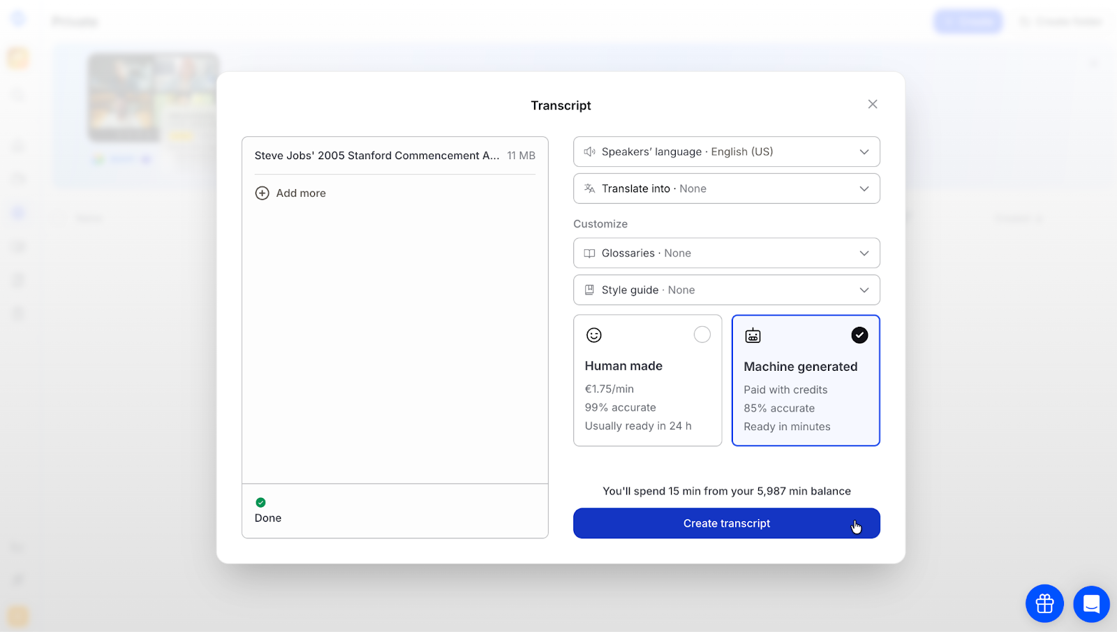 happyscribe ai transcription user interface