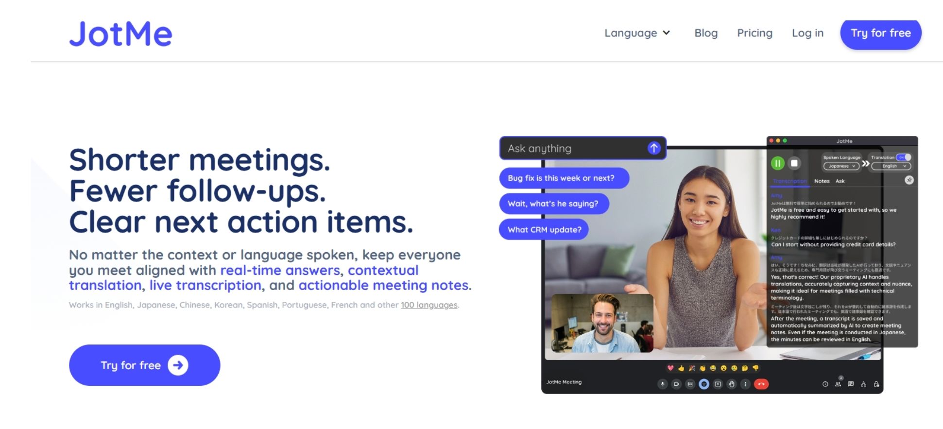 Screenshot of Jotme’s homepage showing its AI note taking interface with meeting transcription, note summaries, and collaboration features.