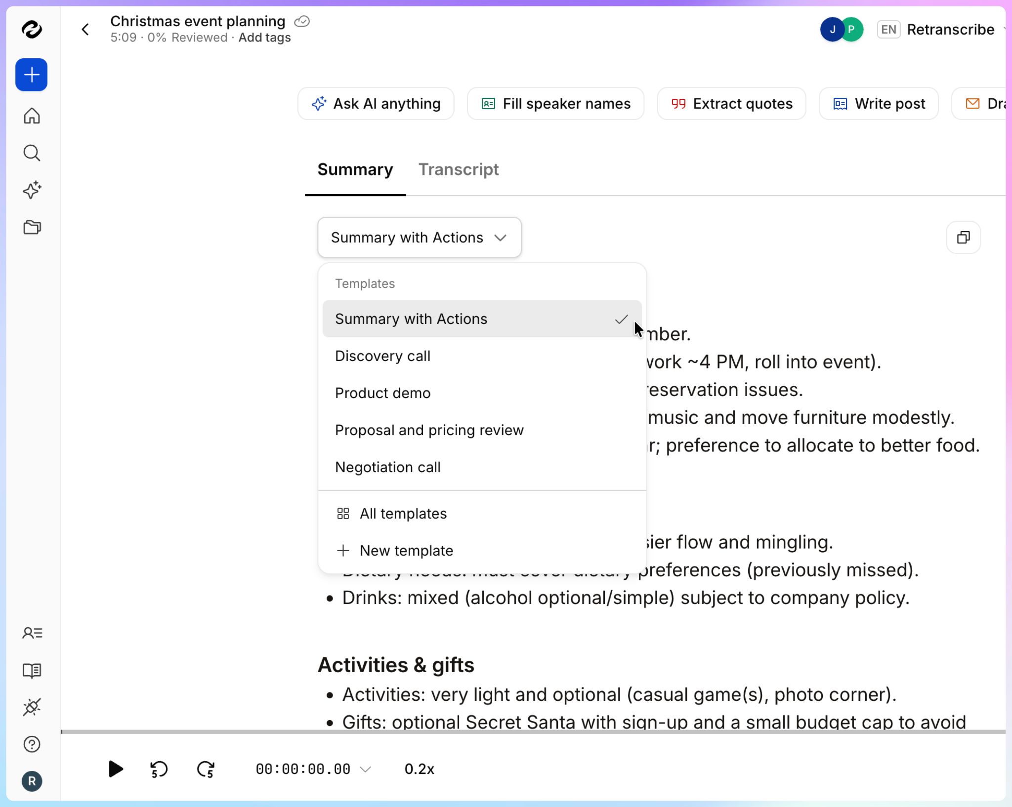 use HappyScribe's meeting summary templates to format your meeting minutes or summaries, or build your custom template