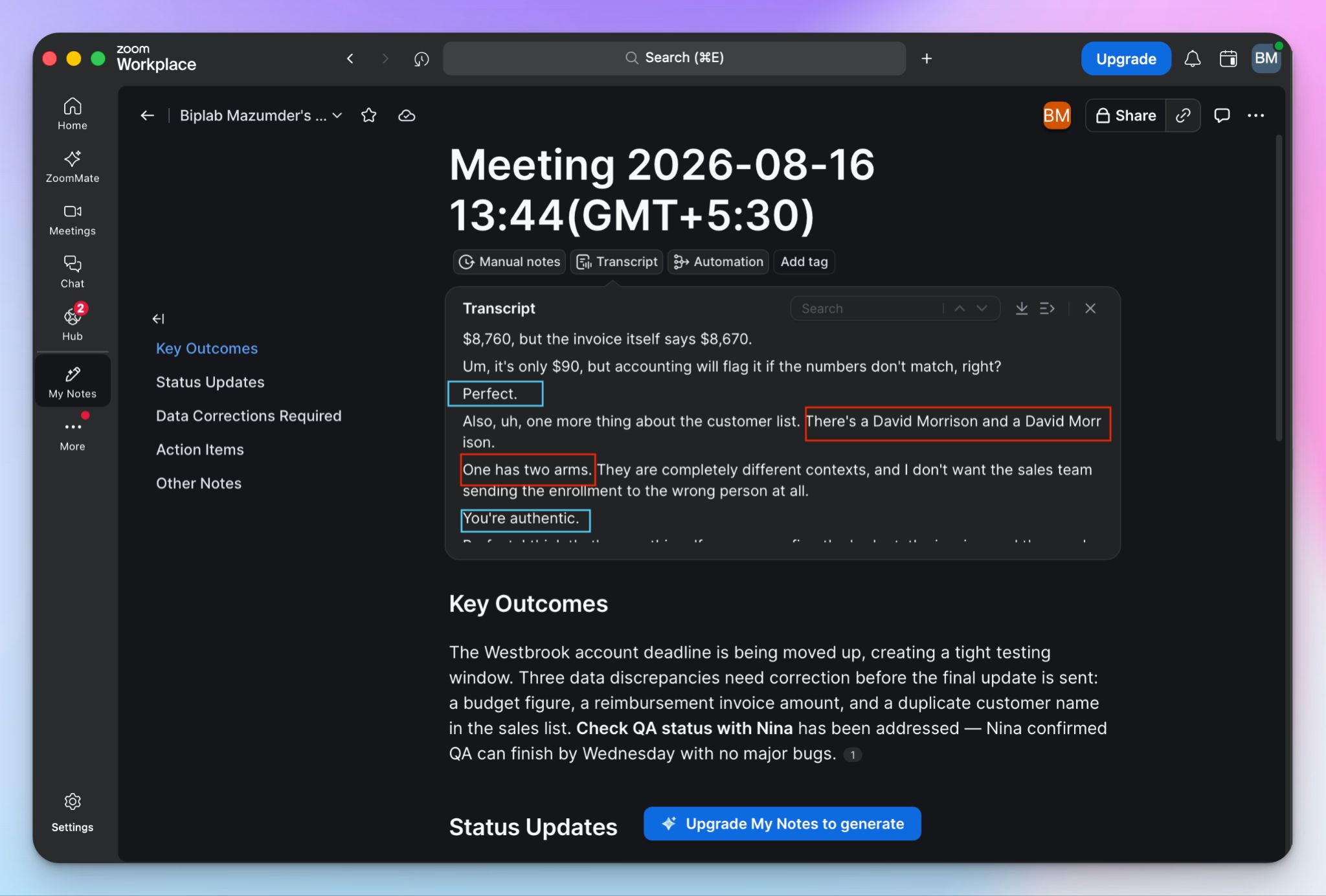 Zoom My Notes fails in speaker identification