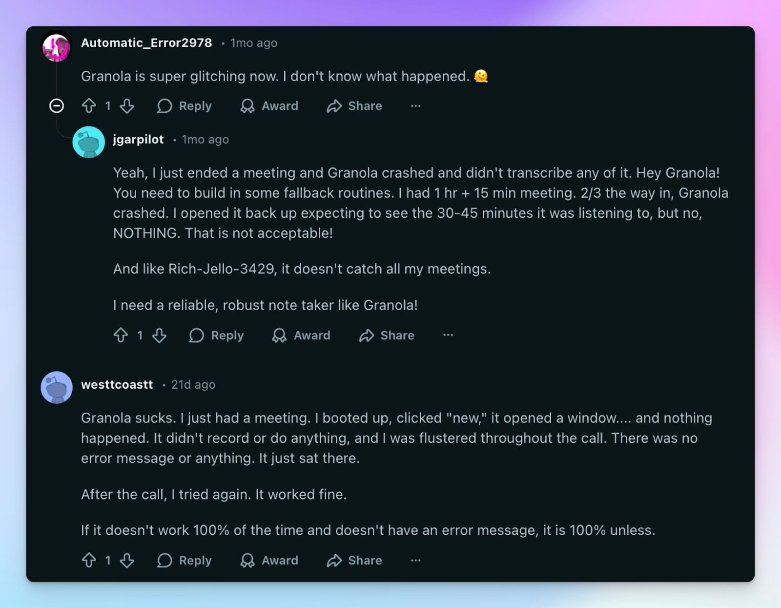 Granola AI note taker is unreliable and app is unstable