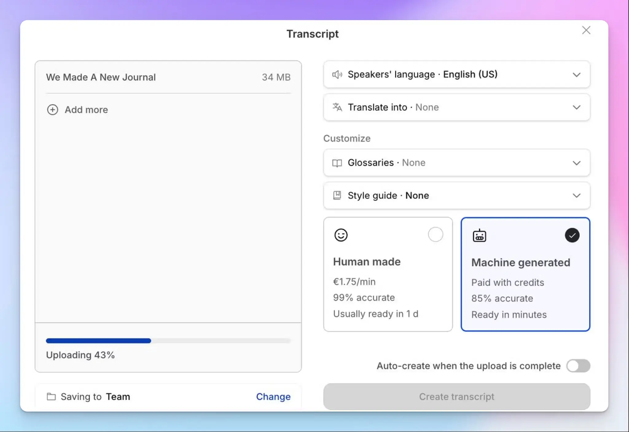 HappyScribe biedt AI-transcriptie en optionele menselijke beoordeling