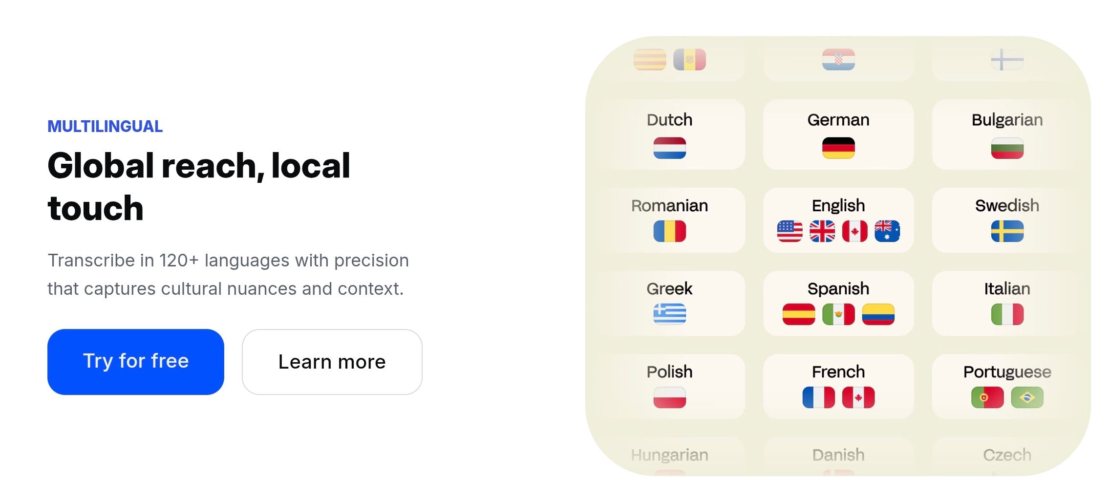 An image showing one of HappyappyScribe's best features: its 120+ language support for their services including AI transcription.