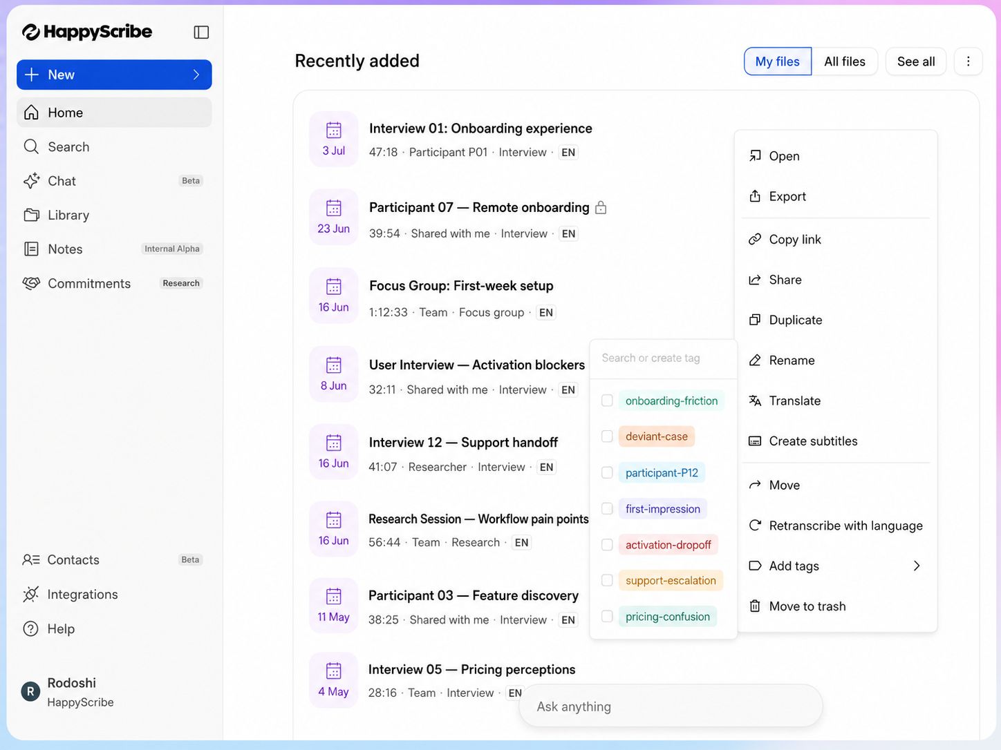 Organize interviews by tags on HappyScribe