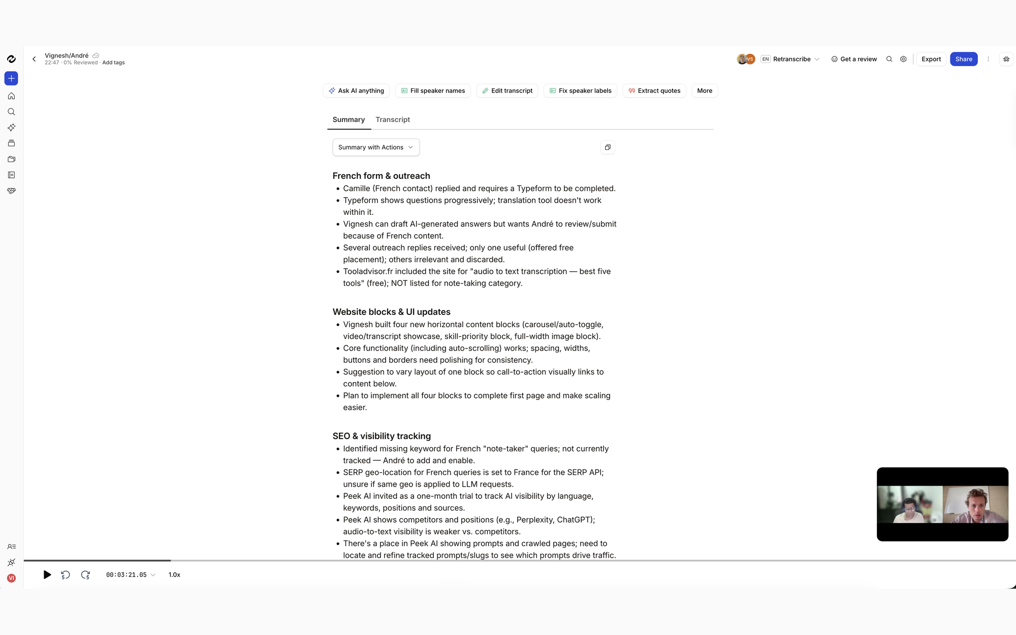 HappyScribe Notes with AI summary, transcript, and full meeting replay for a candidate interview