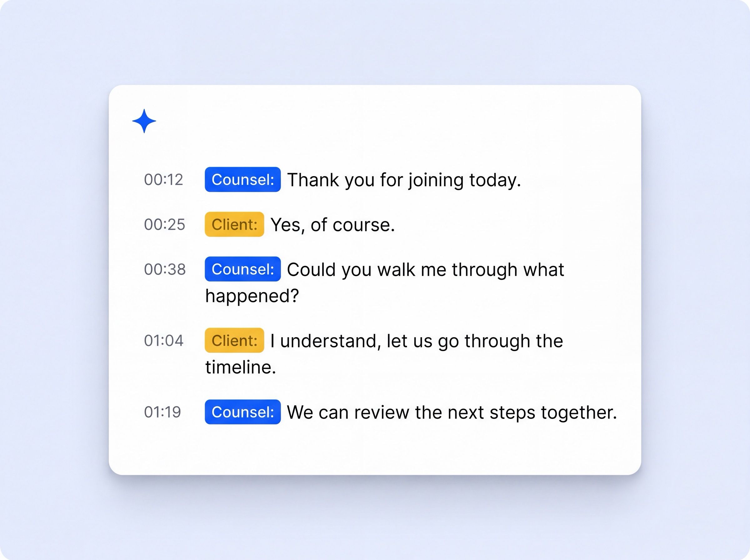 Legal meeting transcript with speaker labels and timestamps in HappyScribe