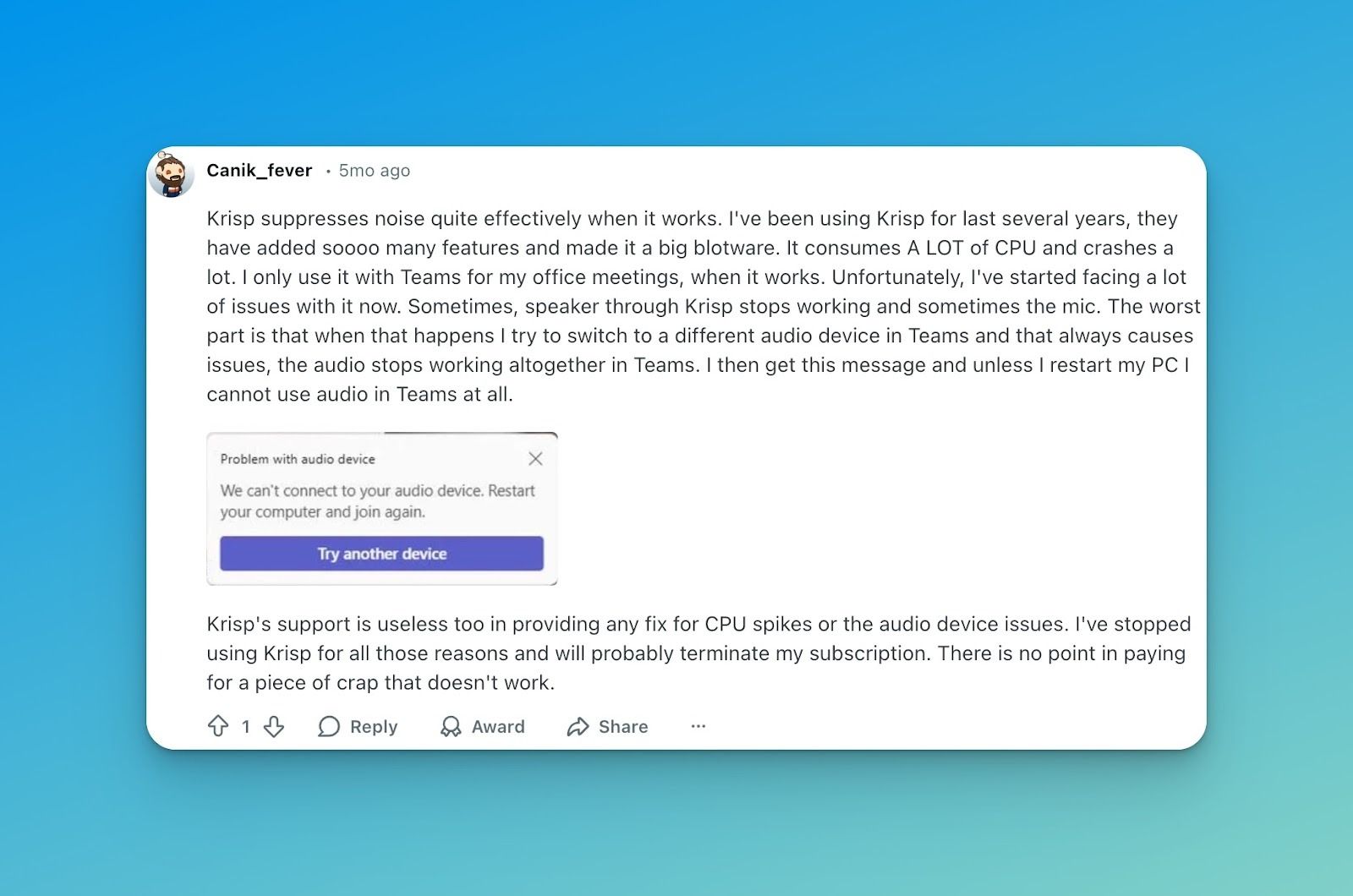 users report that krisp crashes sometimes