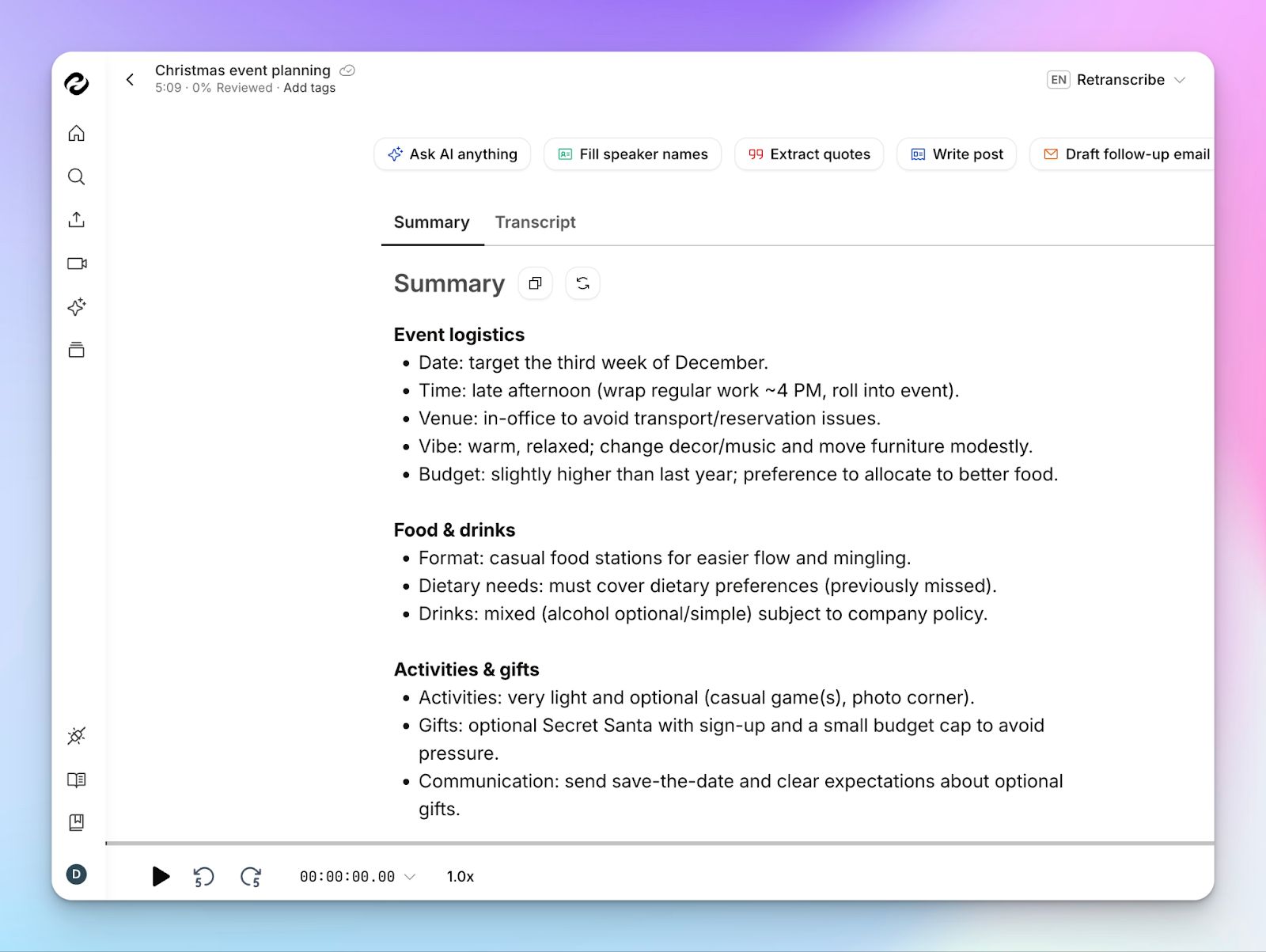 HappyScribe generates an actionable meeting summary and transcripts 