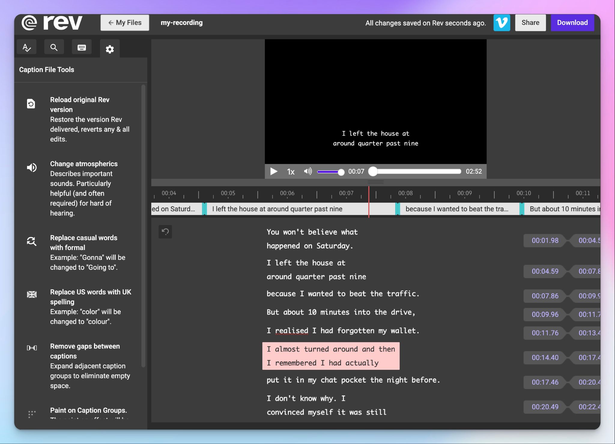 Rev has a feature rich caption editor