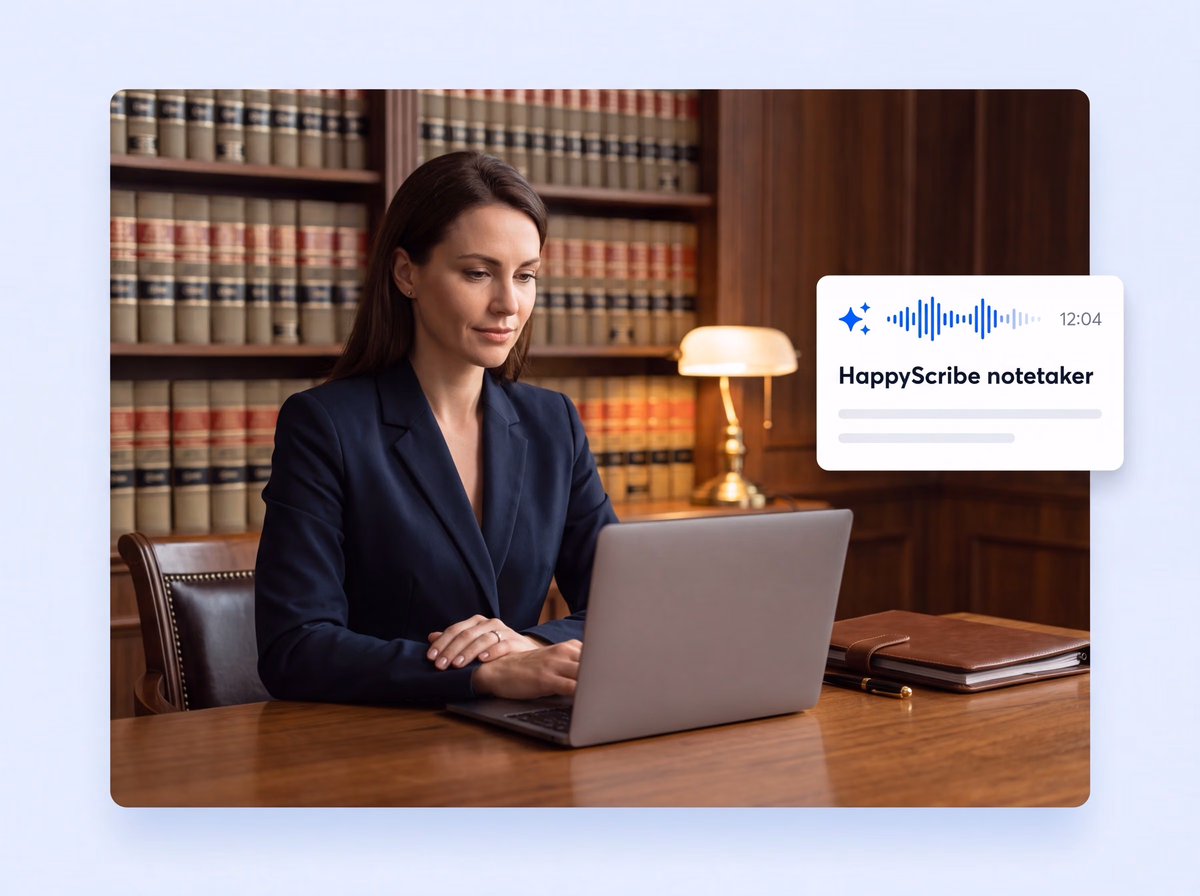 A lawyer working at a desk in a law office with legal volumes behind, beside a HappyScribe notetaker card