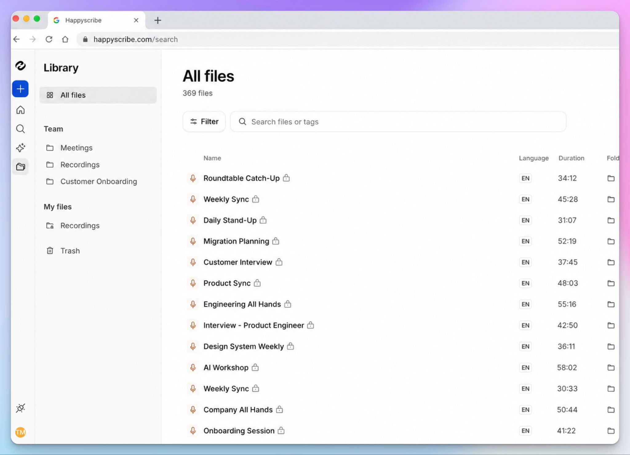the HappyScribe app syncs between mobile and web version
