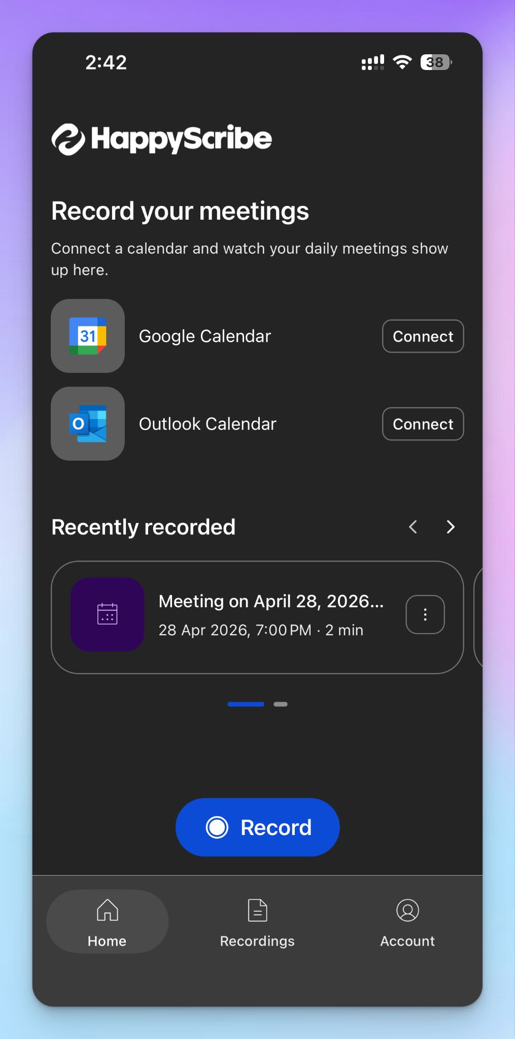 Manage and join calendar meetings with HappyScribe mobile app