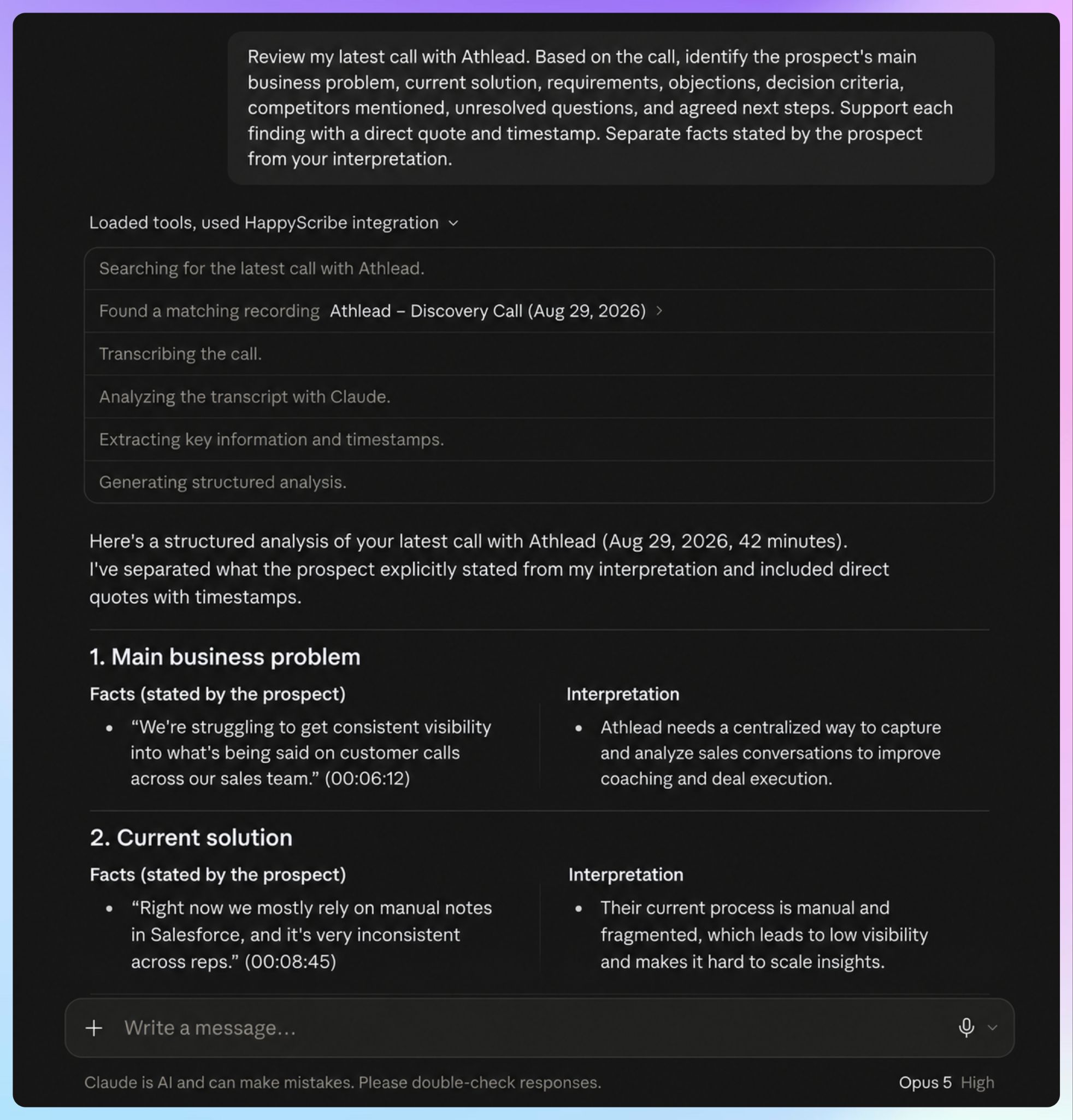 use claude + HappyScribe to uncover sales call insights