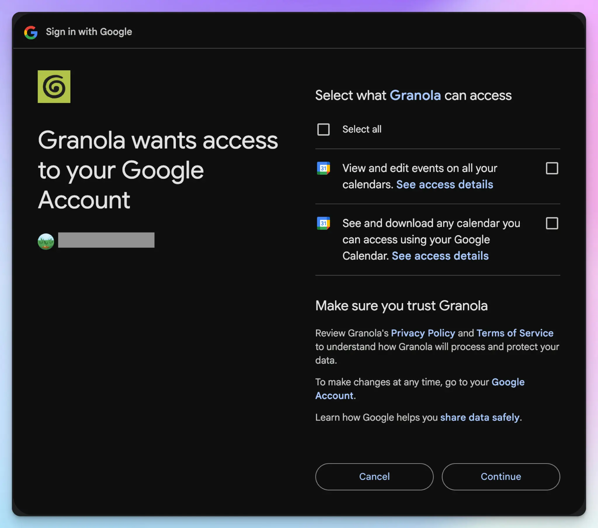 Granola AI requires full access to Google and Microsoft 365 calendars before signing up