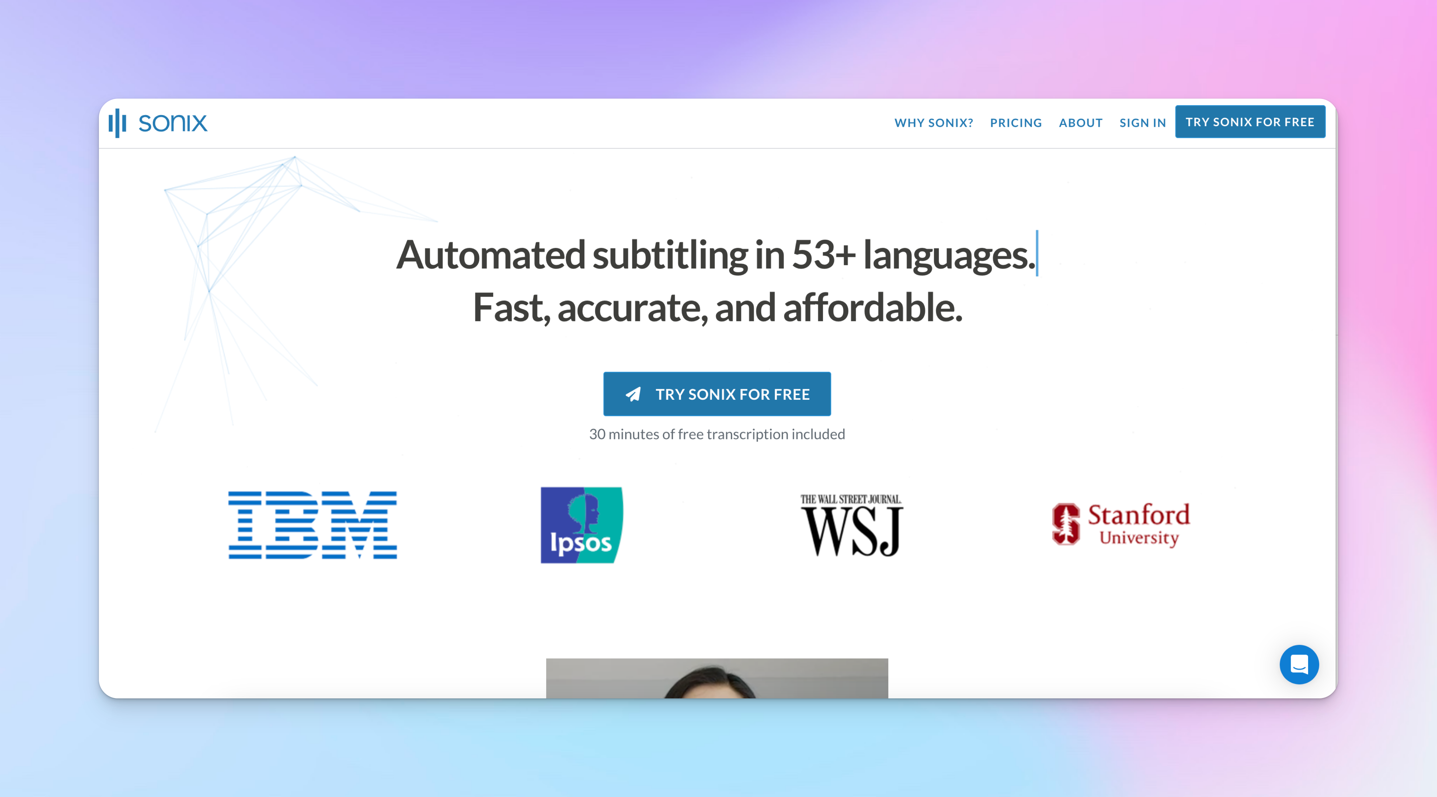 Screenshot of Sonix’s homepage displaying AI-powered transcription, translation, and subtitle creation tools.