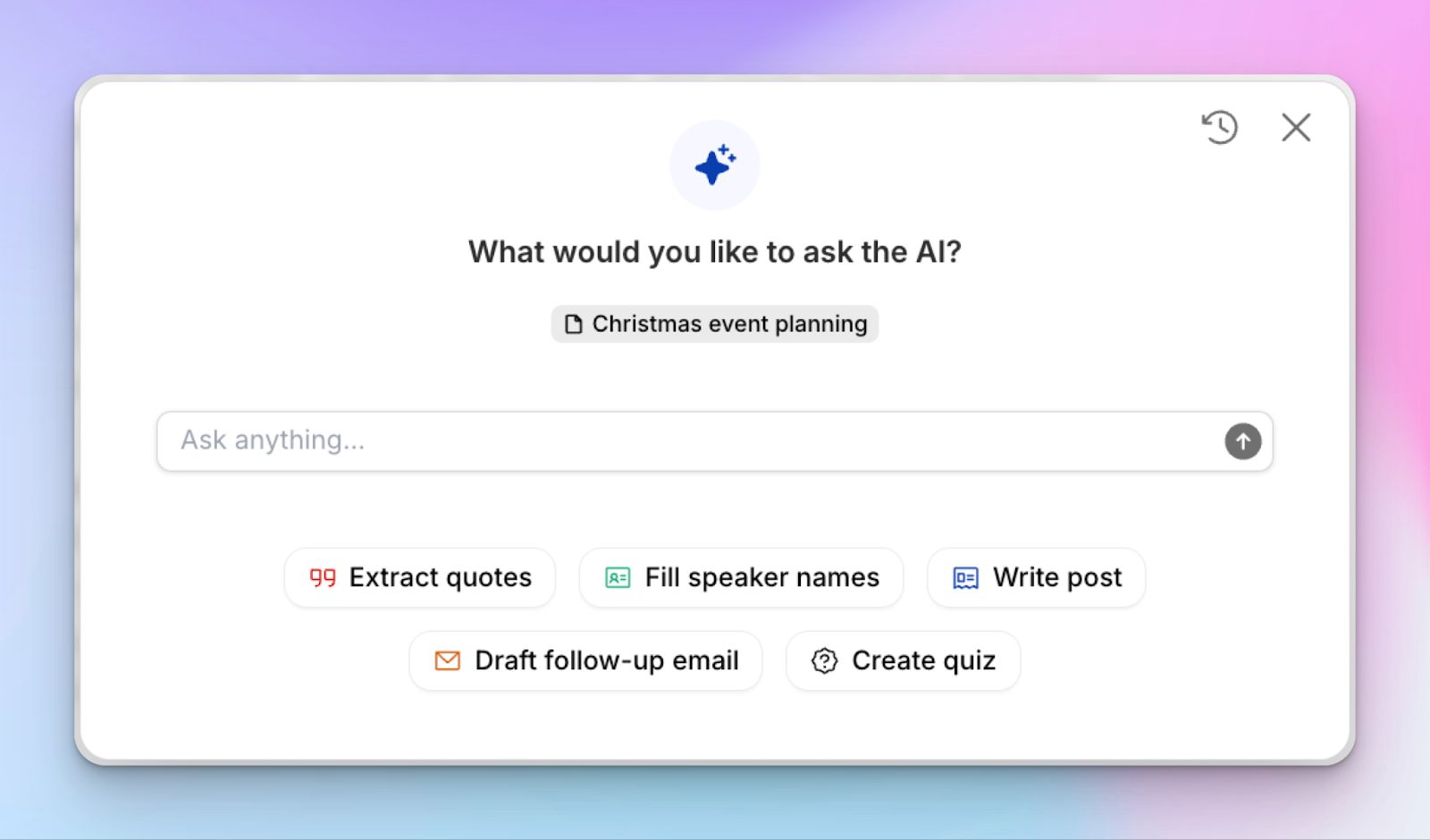 Ask HappyScribe AI to write summaries, extract quotes, or generate video chapters based on meeting content