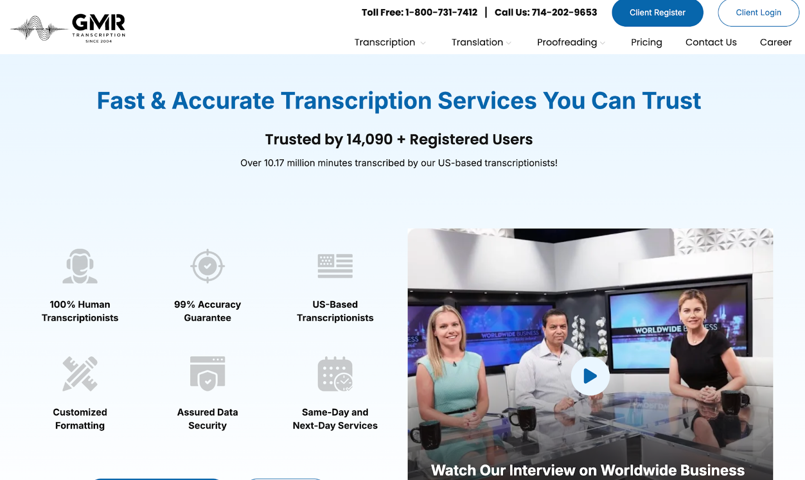 Captura de pantalla de la página de inicio de GMR