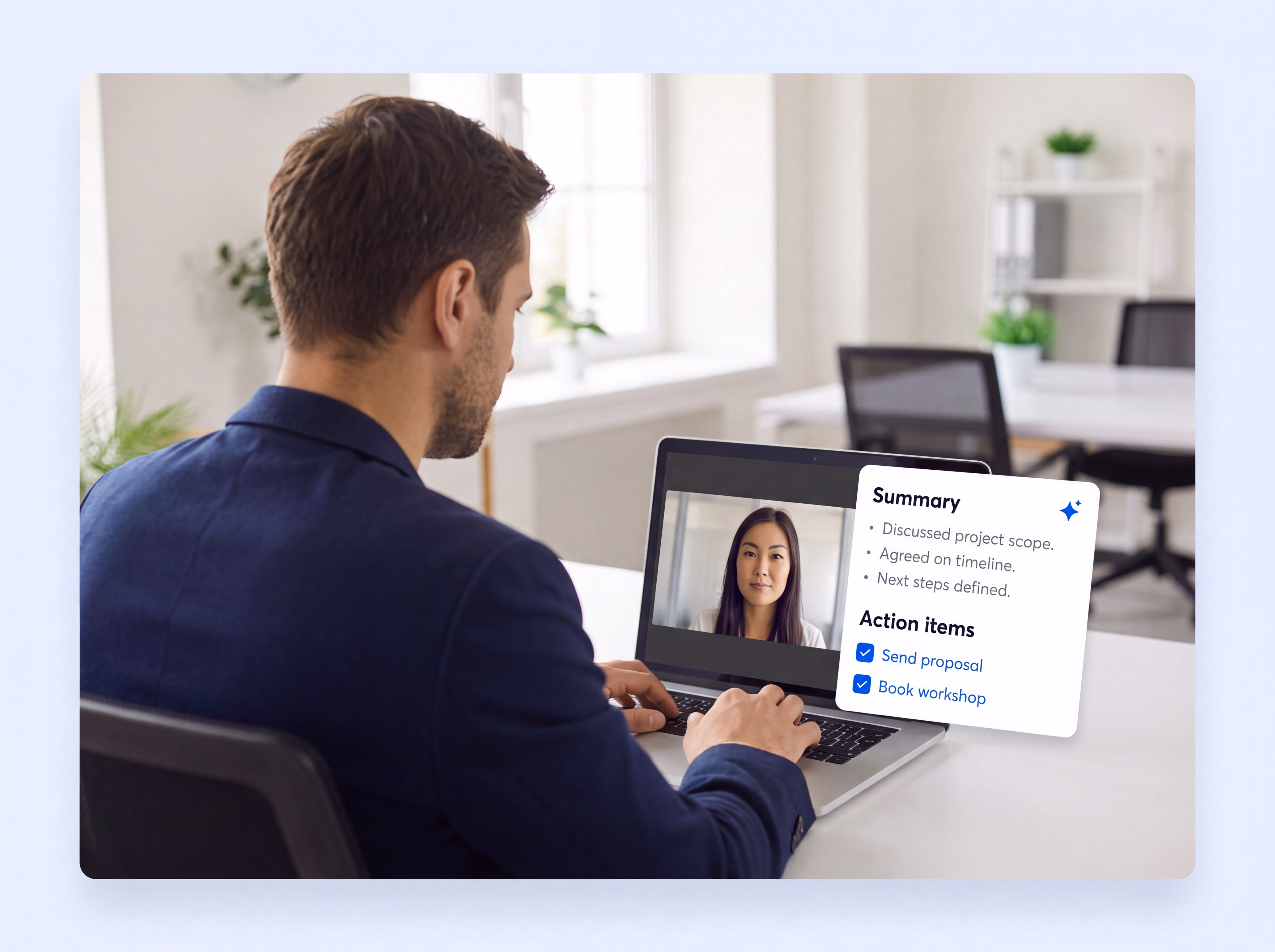 Consultant on a client video call with HappyScribe AI Notetaker capturing meeting notes and action items