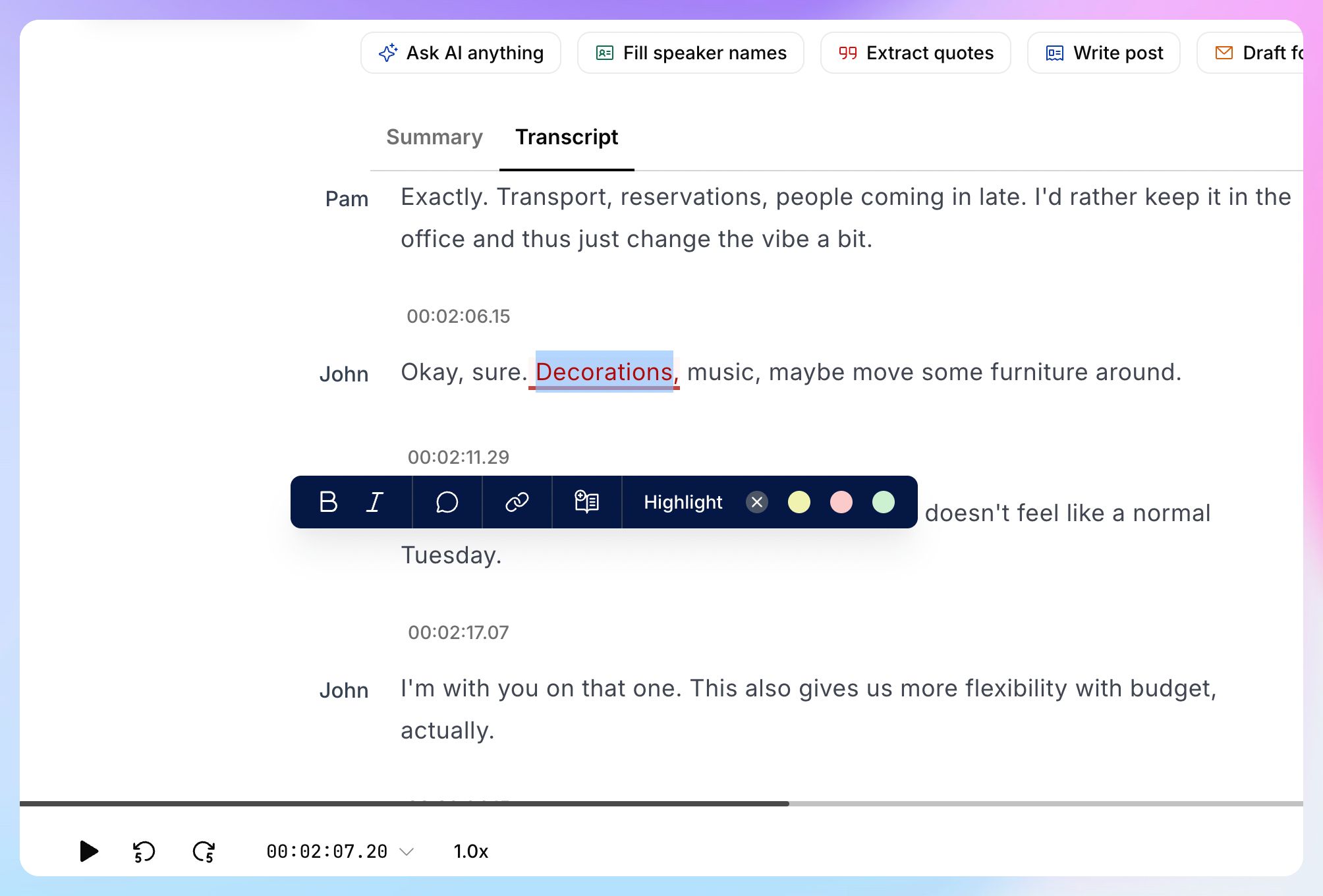 HappyScribe's browser-based transcript editor
