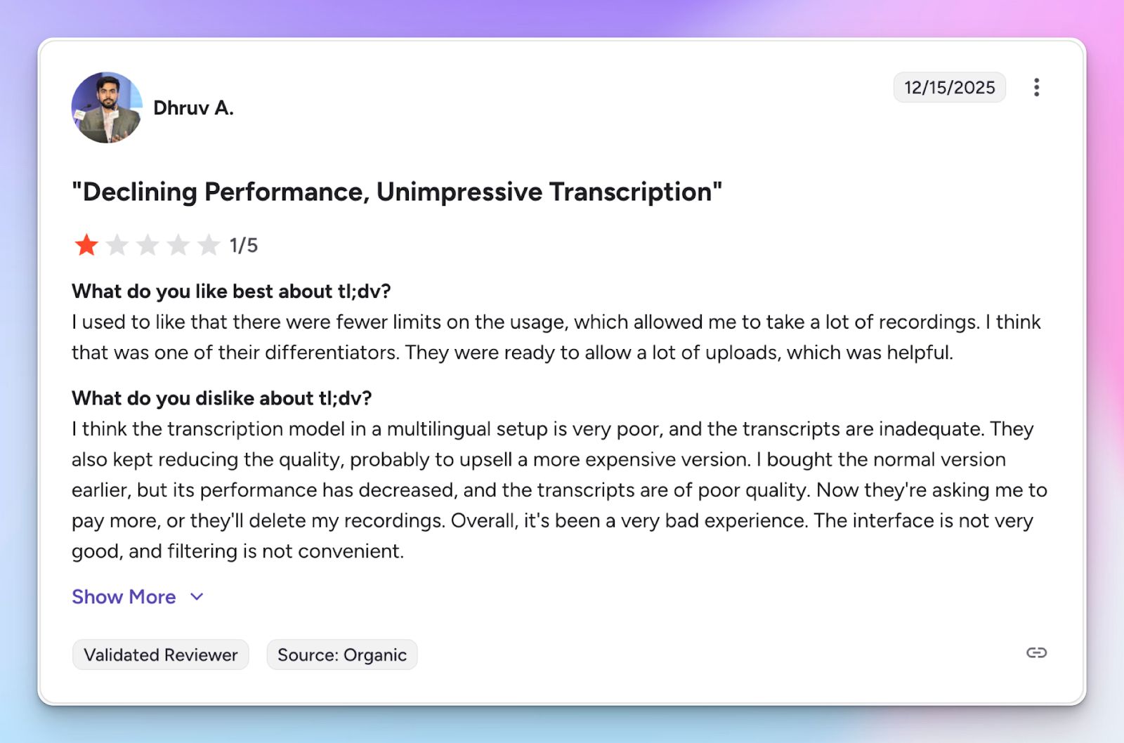 tl;dv user complaints against poor transcription quality