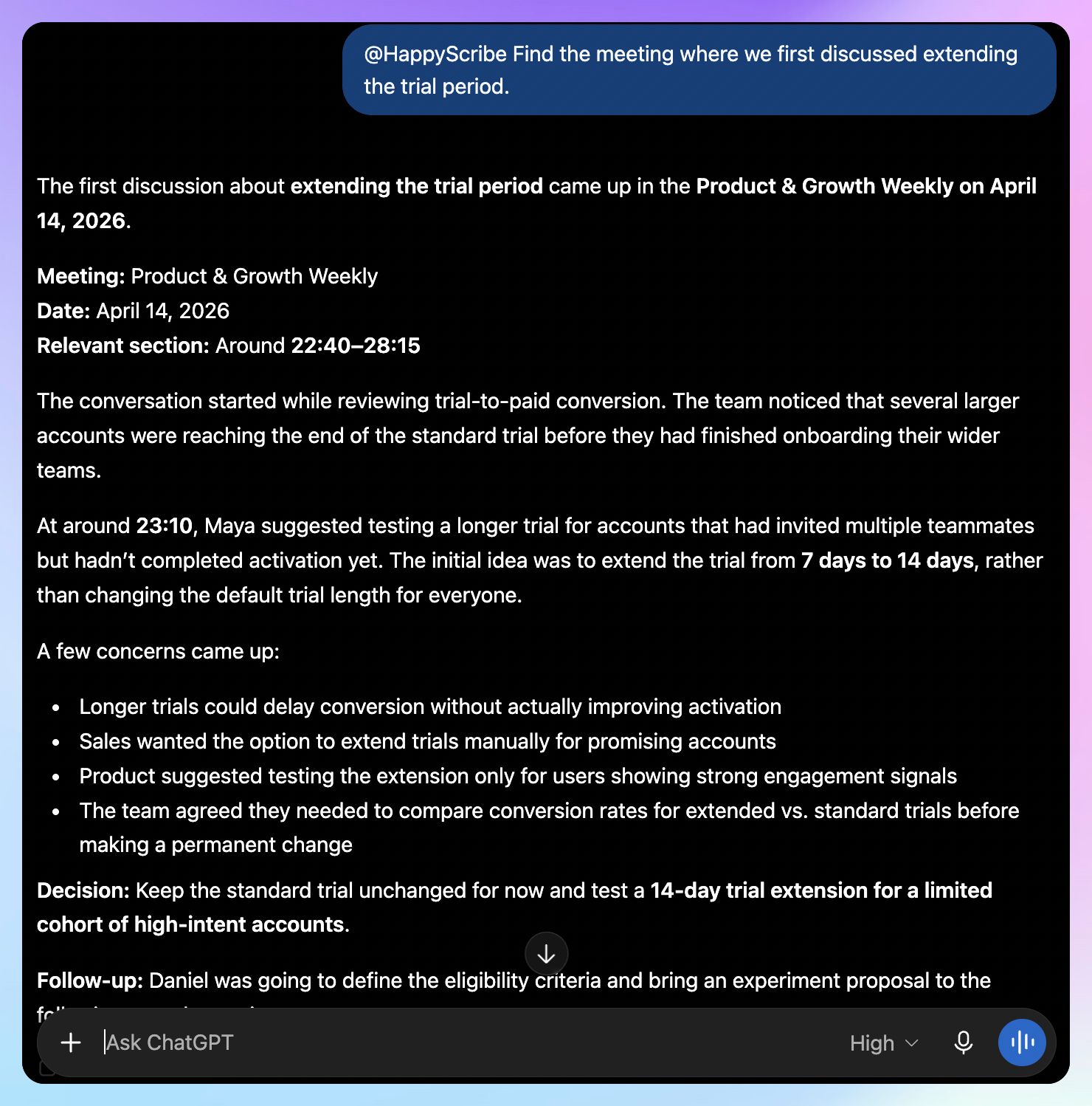 Ask questions about your meetings to HappyScribe, directly within ChatGPT