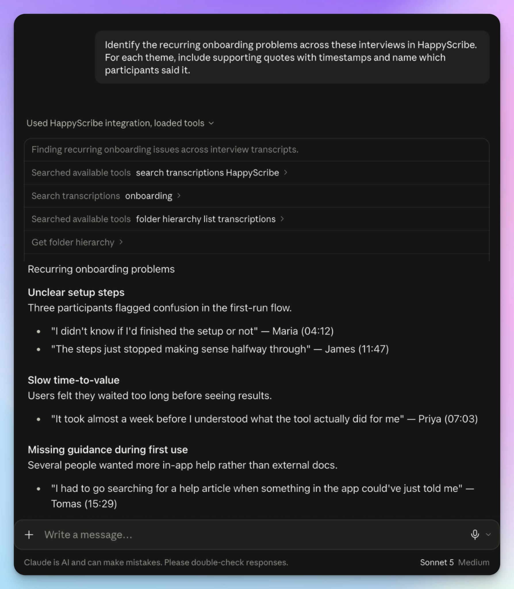 use HappyScribe Claude connector for customer research insights