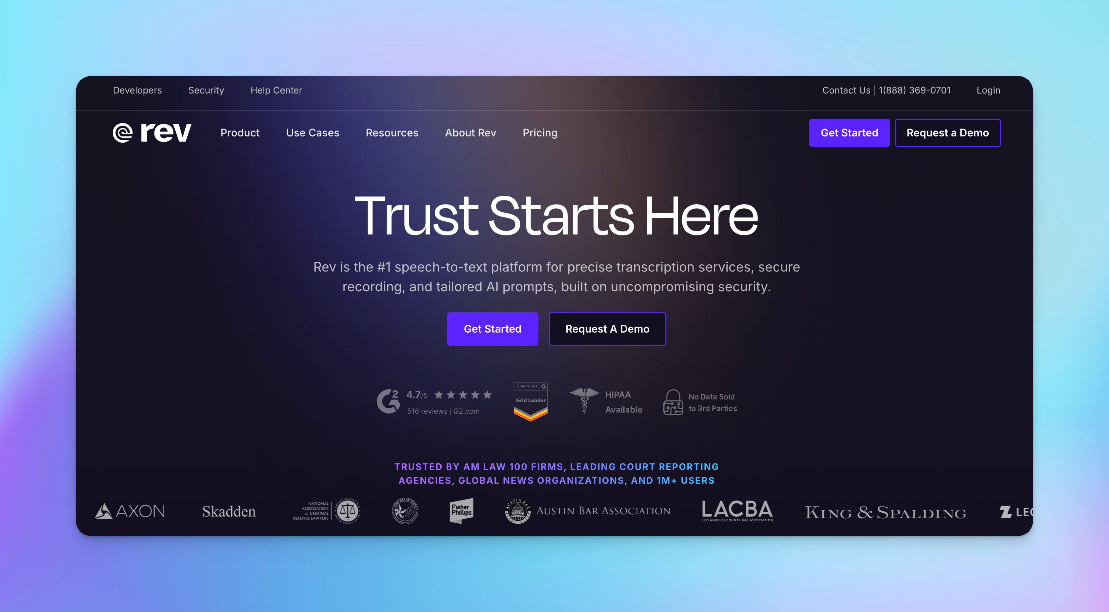 Screenshot of Rev’s homepage showing AI and human transcription options, captioning tools, and subtitle services.