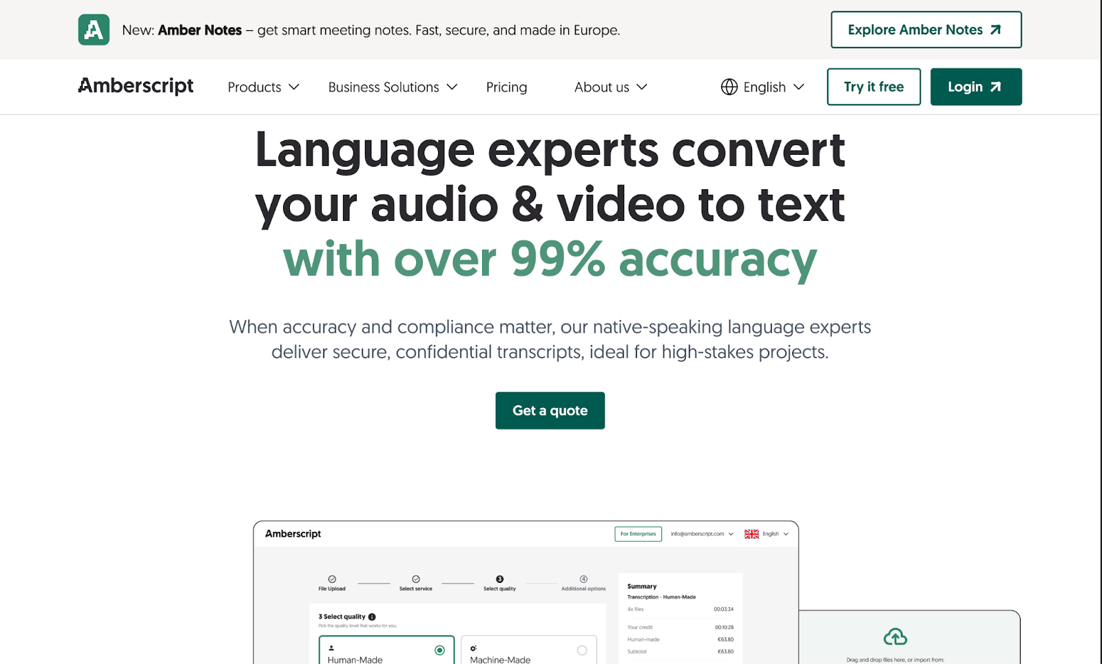 Captura de pantalla de la página principal de Amberscript (servicio de transcripción)