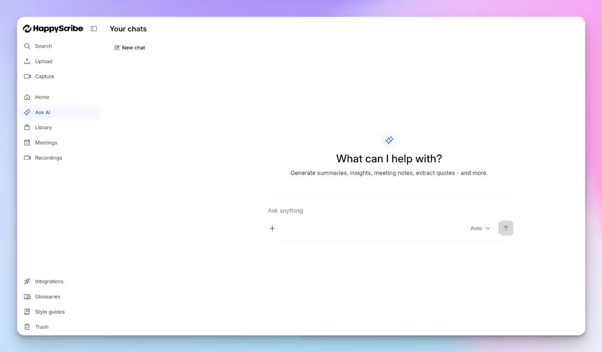 HappyScribe AI Chat lets you query across all of your transcripts