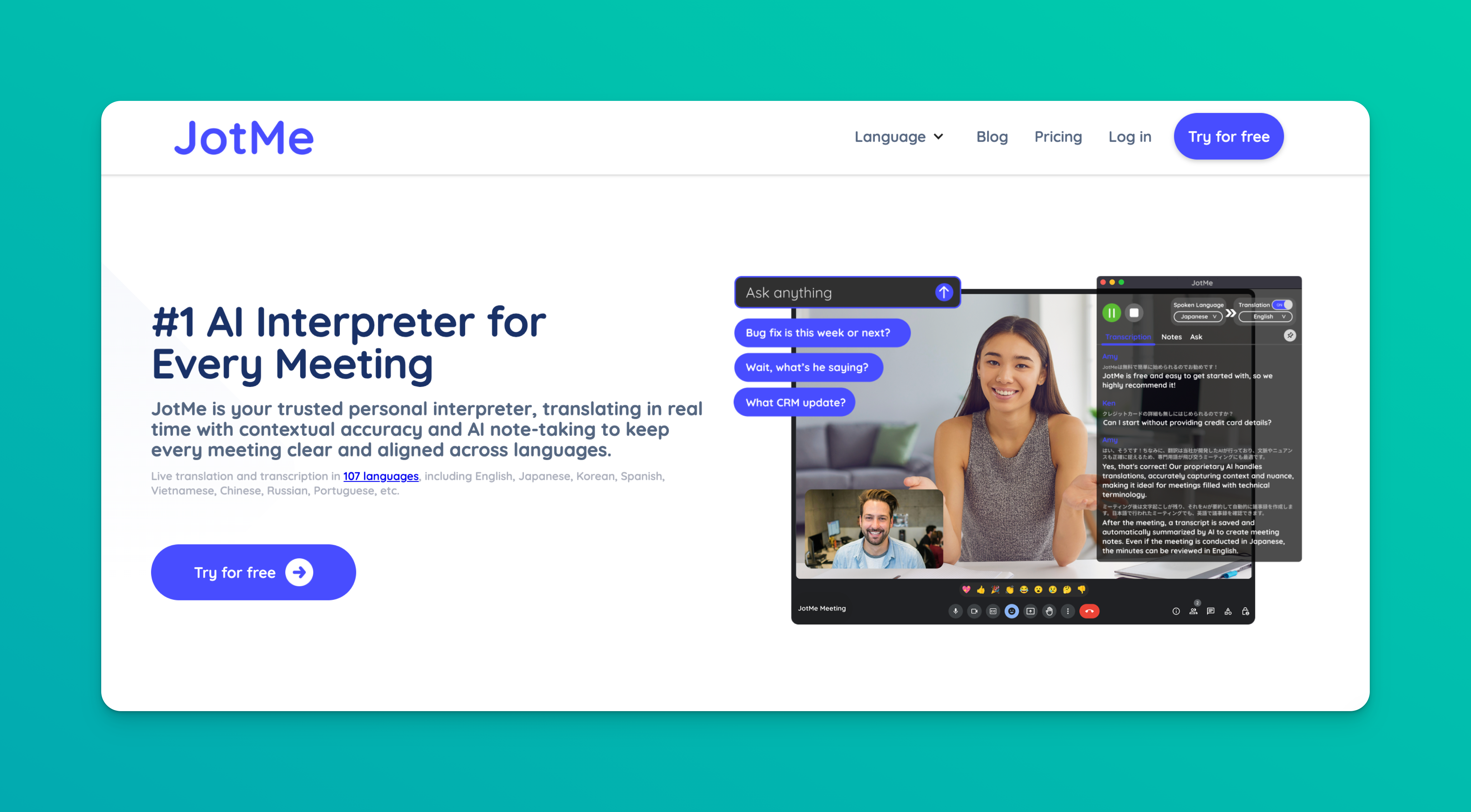 Screenshot of Jotme’s homepage showing its AI note taking interface with meeting transcription, note summaries, and collaboration features.