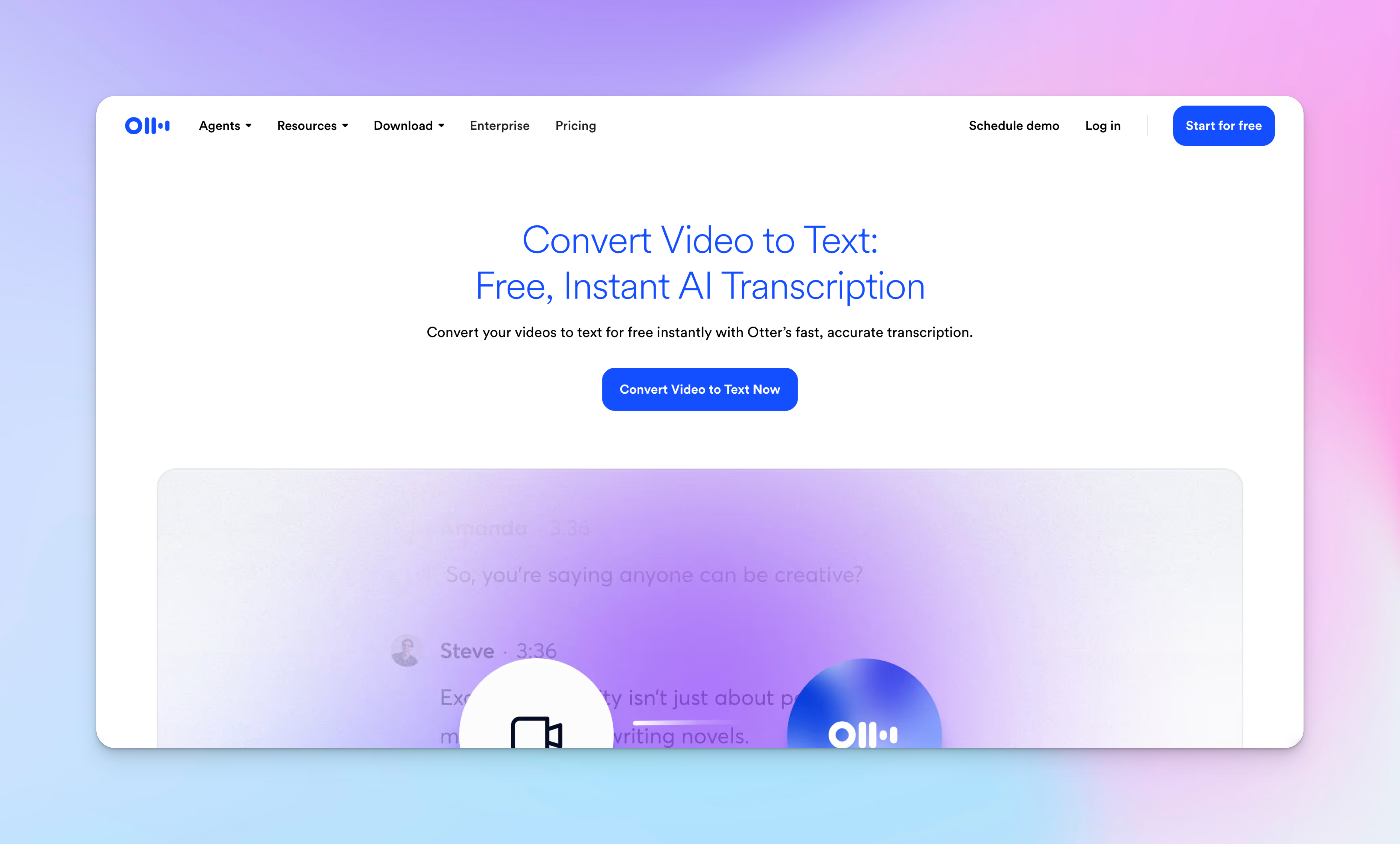 Capture d'écran de la page d'accueil d'Otter : transcription vidéo