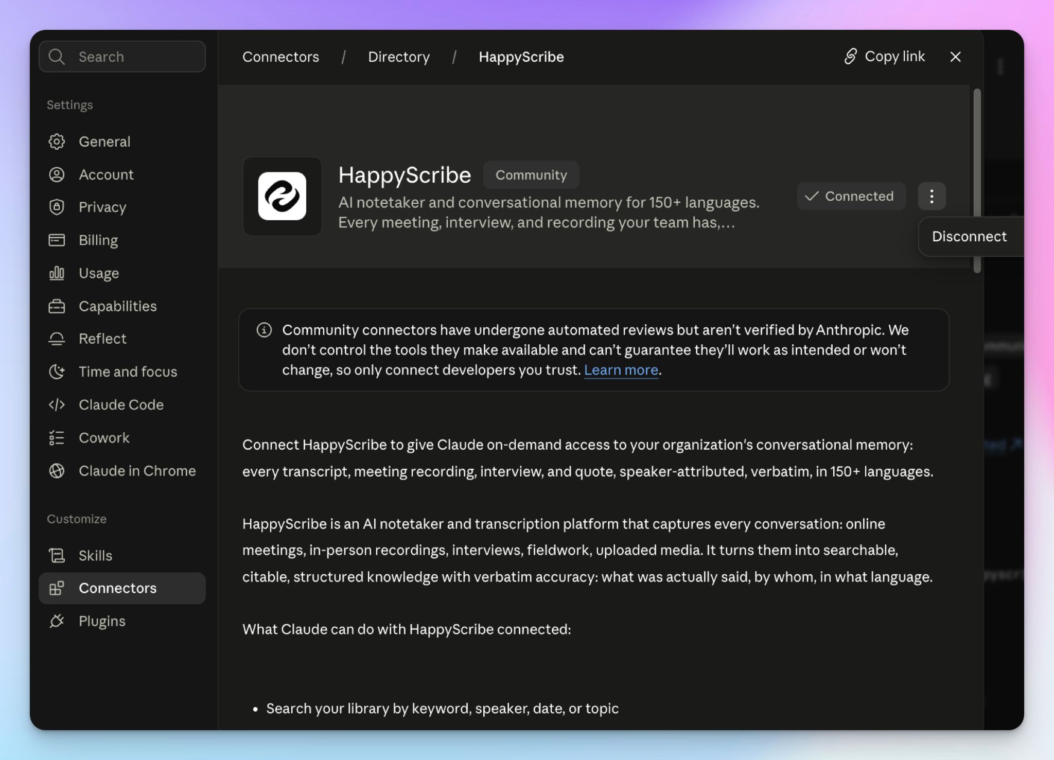 Connect Claude with HappyScribe meetings