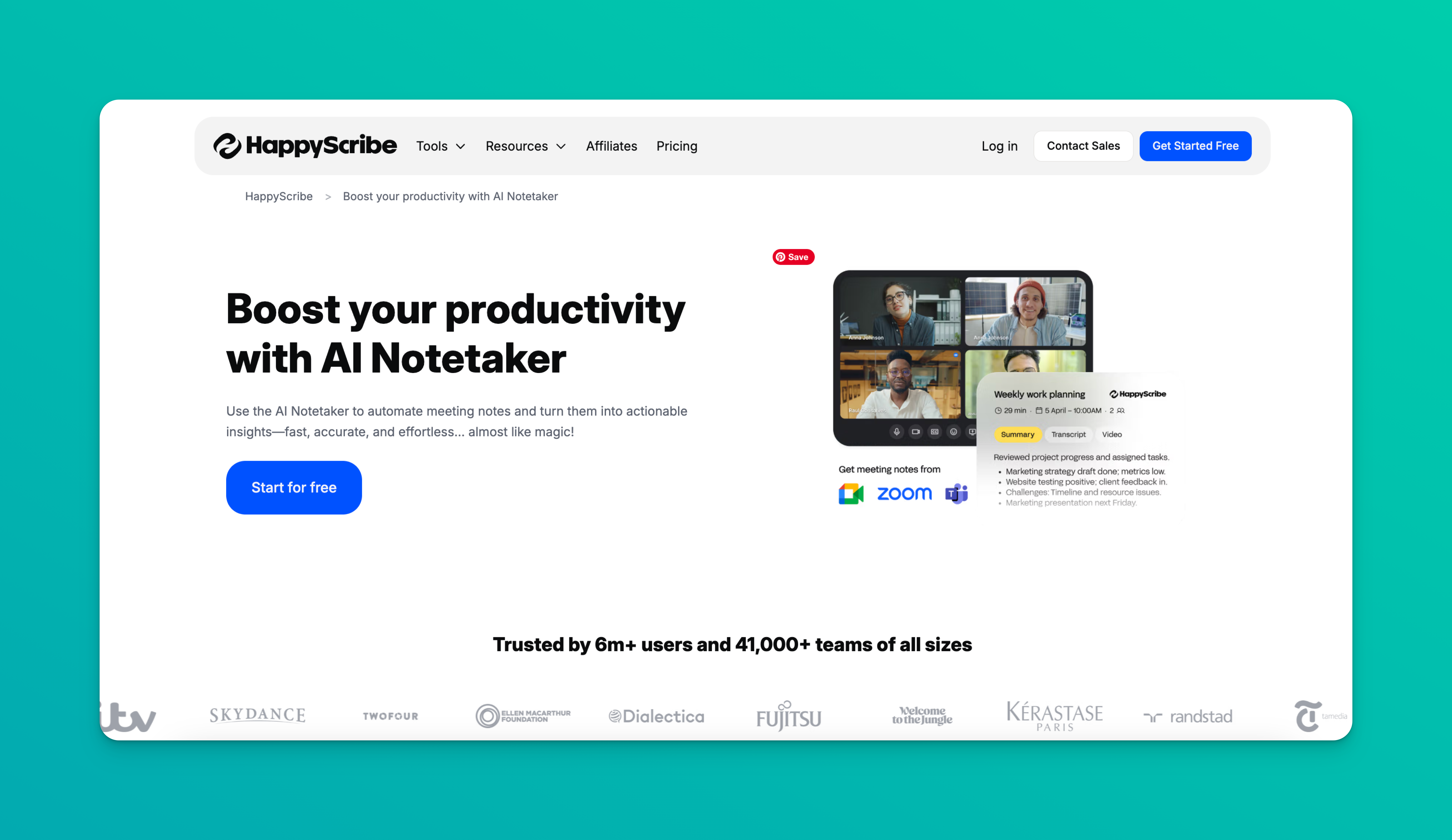 An image showing HappyScribe’s homepage with features such as audio to text, AI notetaker, audio translator, and subtitle generator