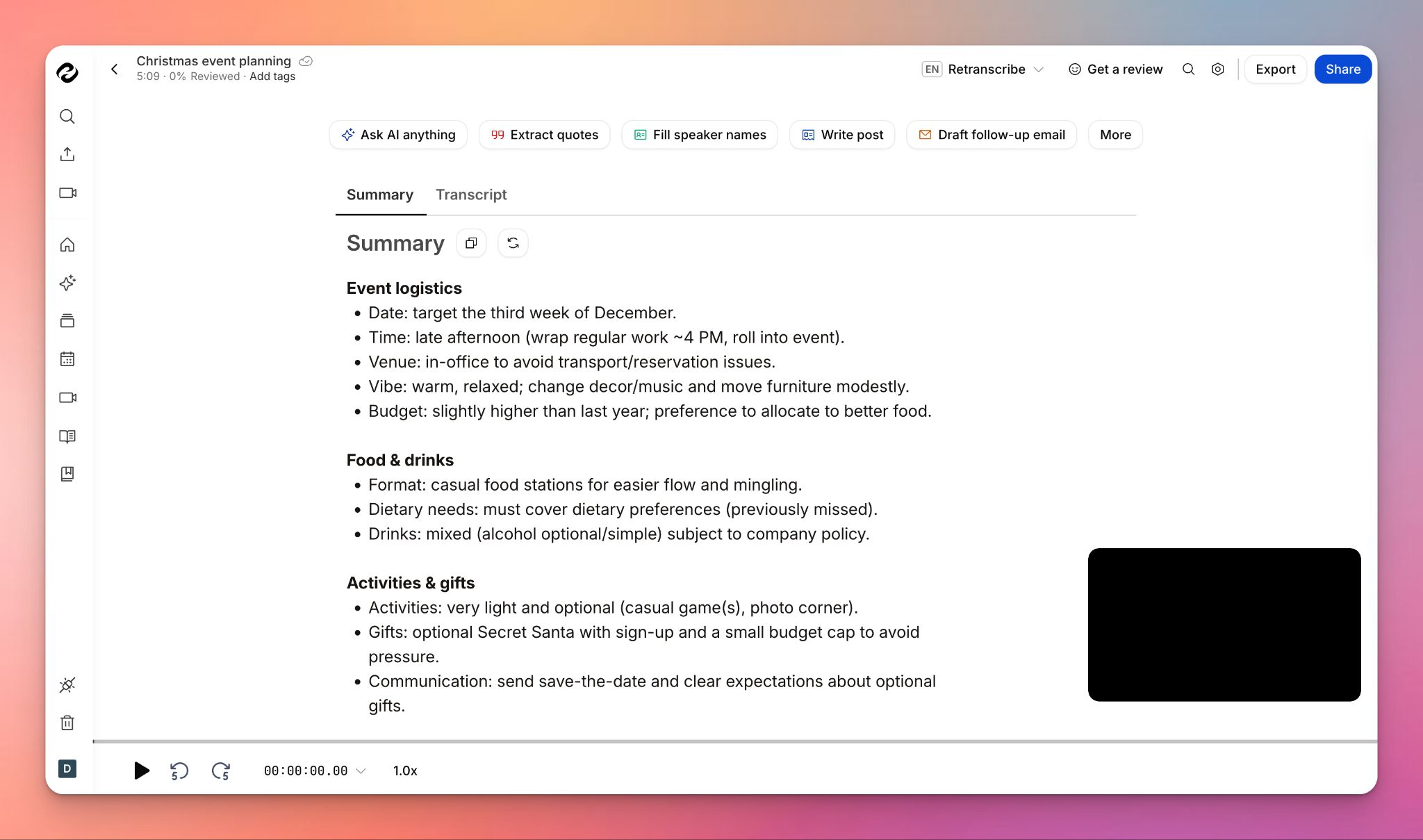 HappyScribe note taker generates shareable summaries and transcripts - Best AI note taker for market research