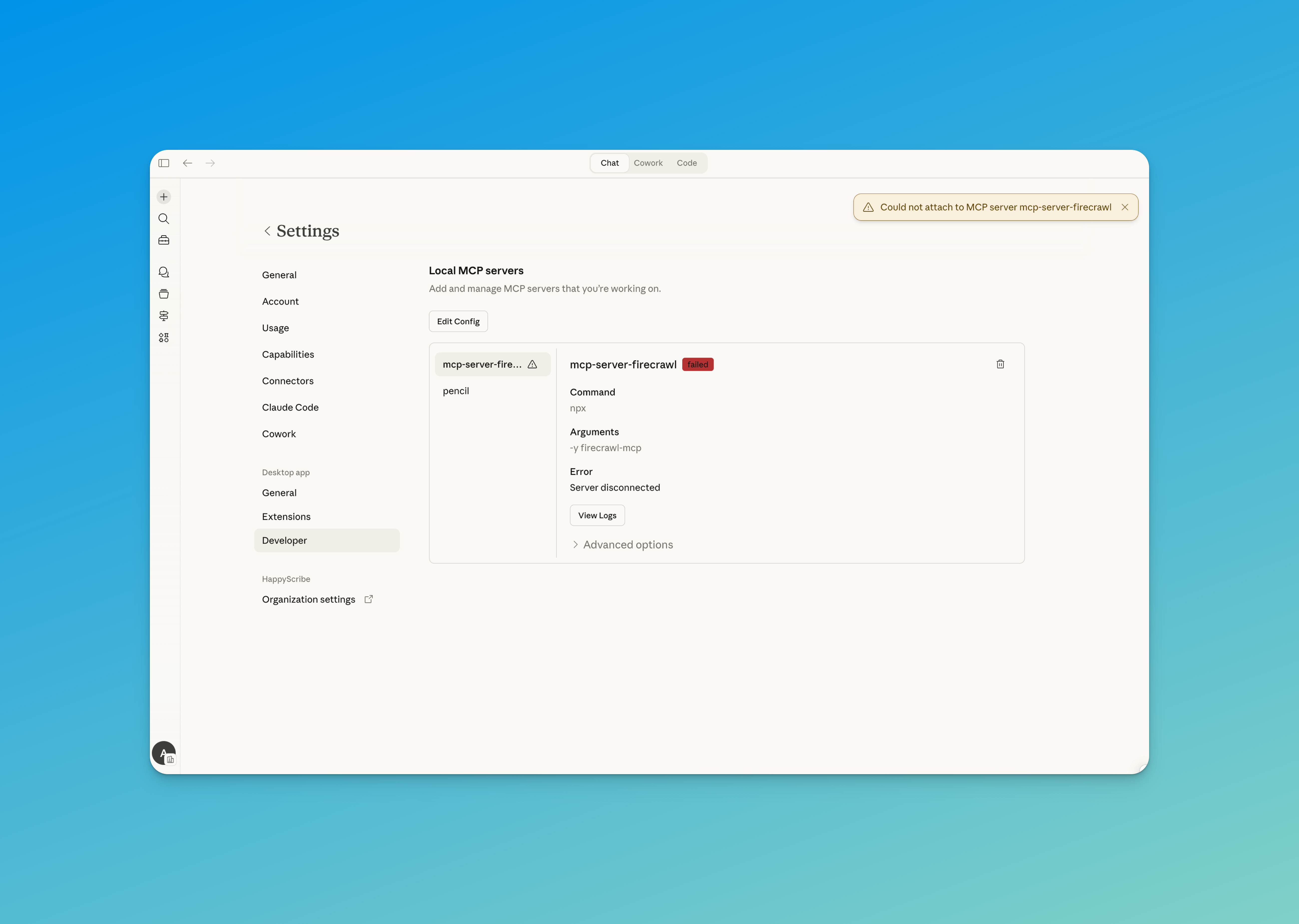 Step 1:  Open the Claude Desktop app. Click on the Claude menu and select Settings, then go to the Developer tab.