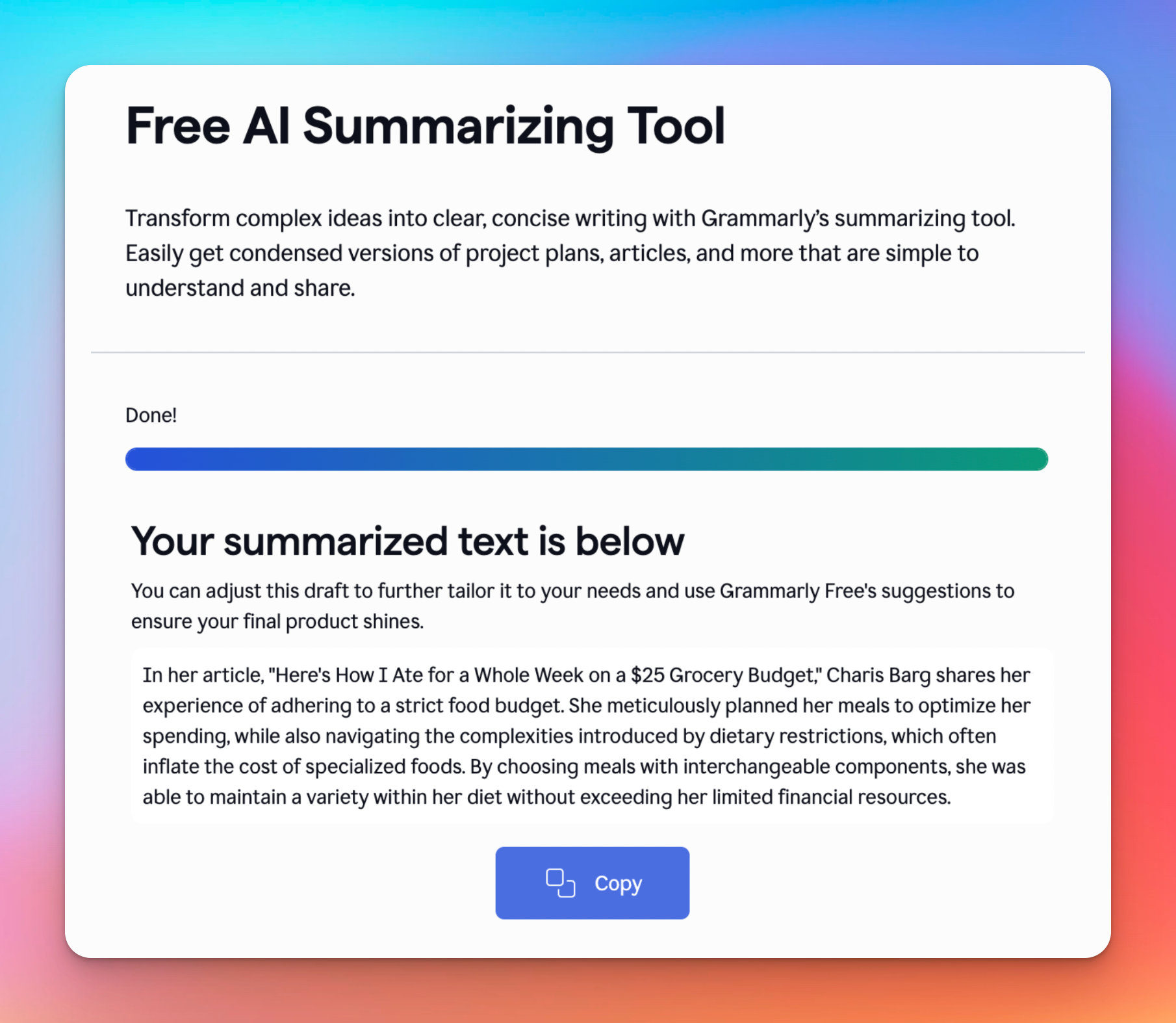 Grammarly AI for summarizing text